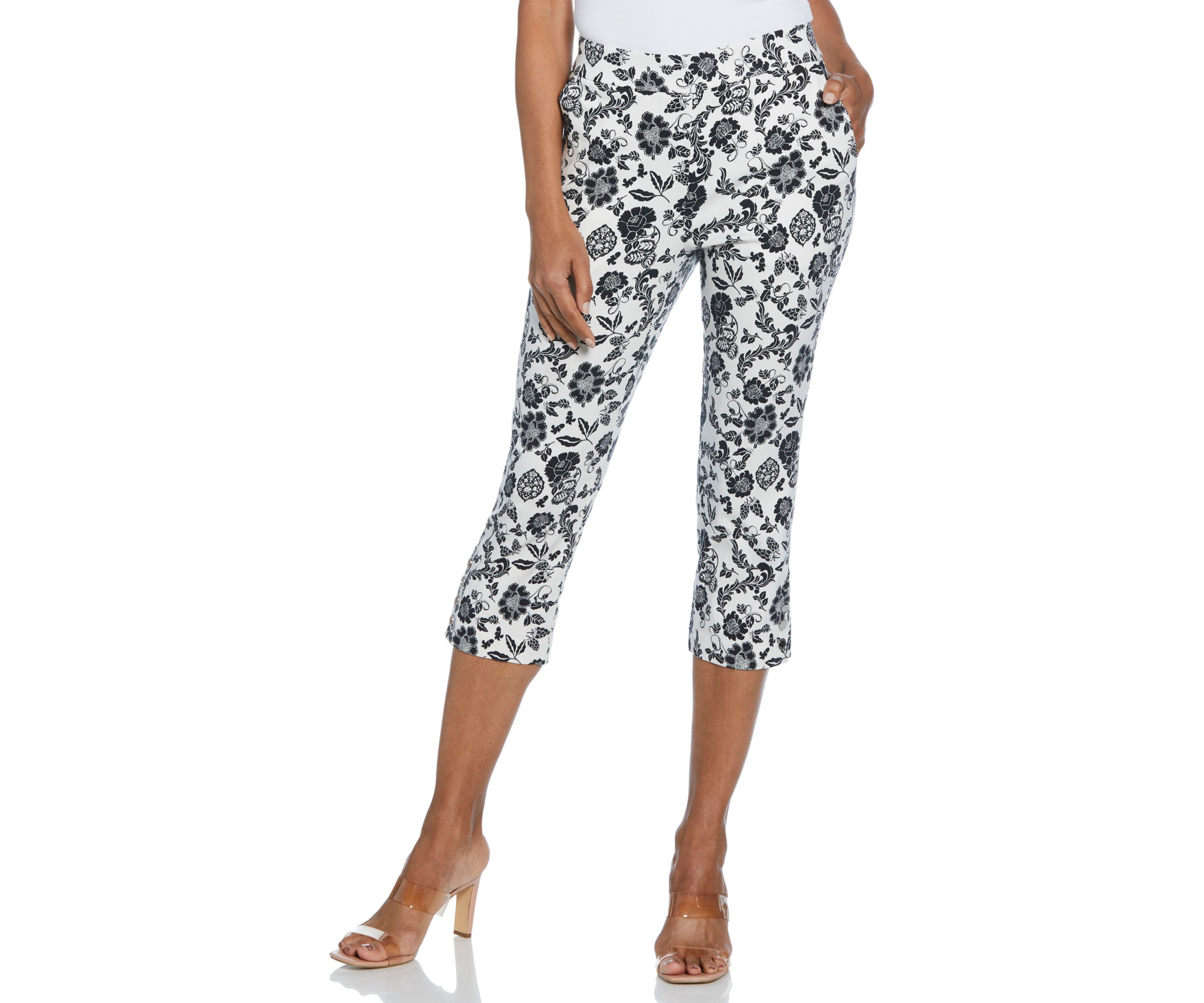 Petite Floral Print Rivet Detail Pull On Capri Pants