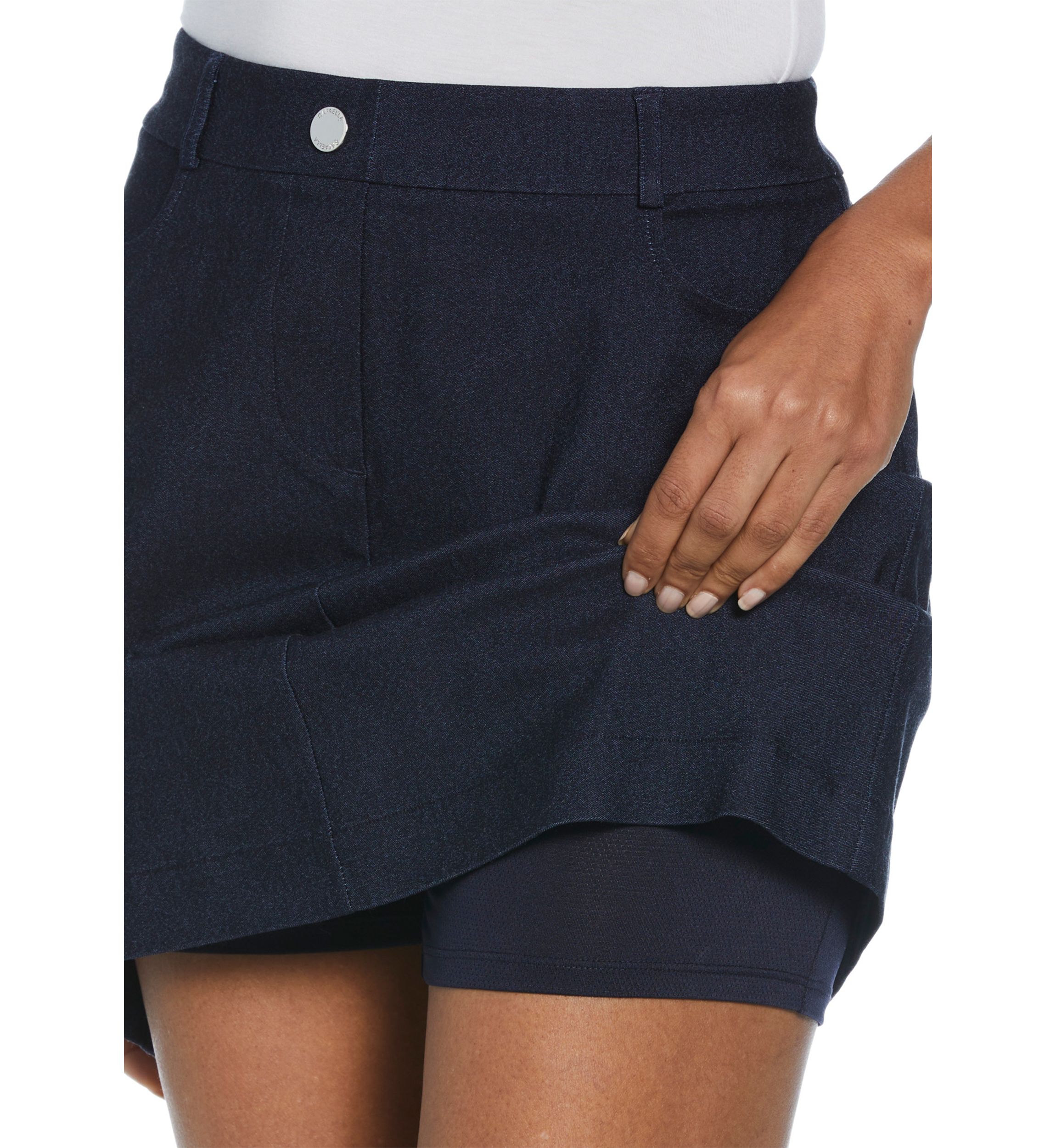 Petite Indigo Rinse Faux Fly Skort