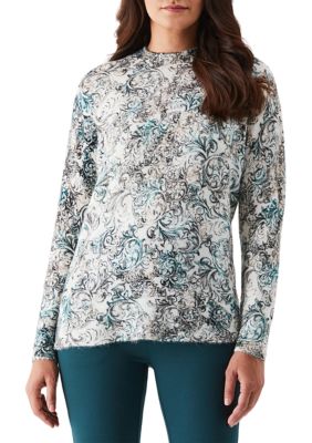 ELLA Rafaella Women's Petite Acanthus Scroll Print Mock Neck Long Sleeve Pullover Sweater, White, PXL