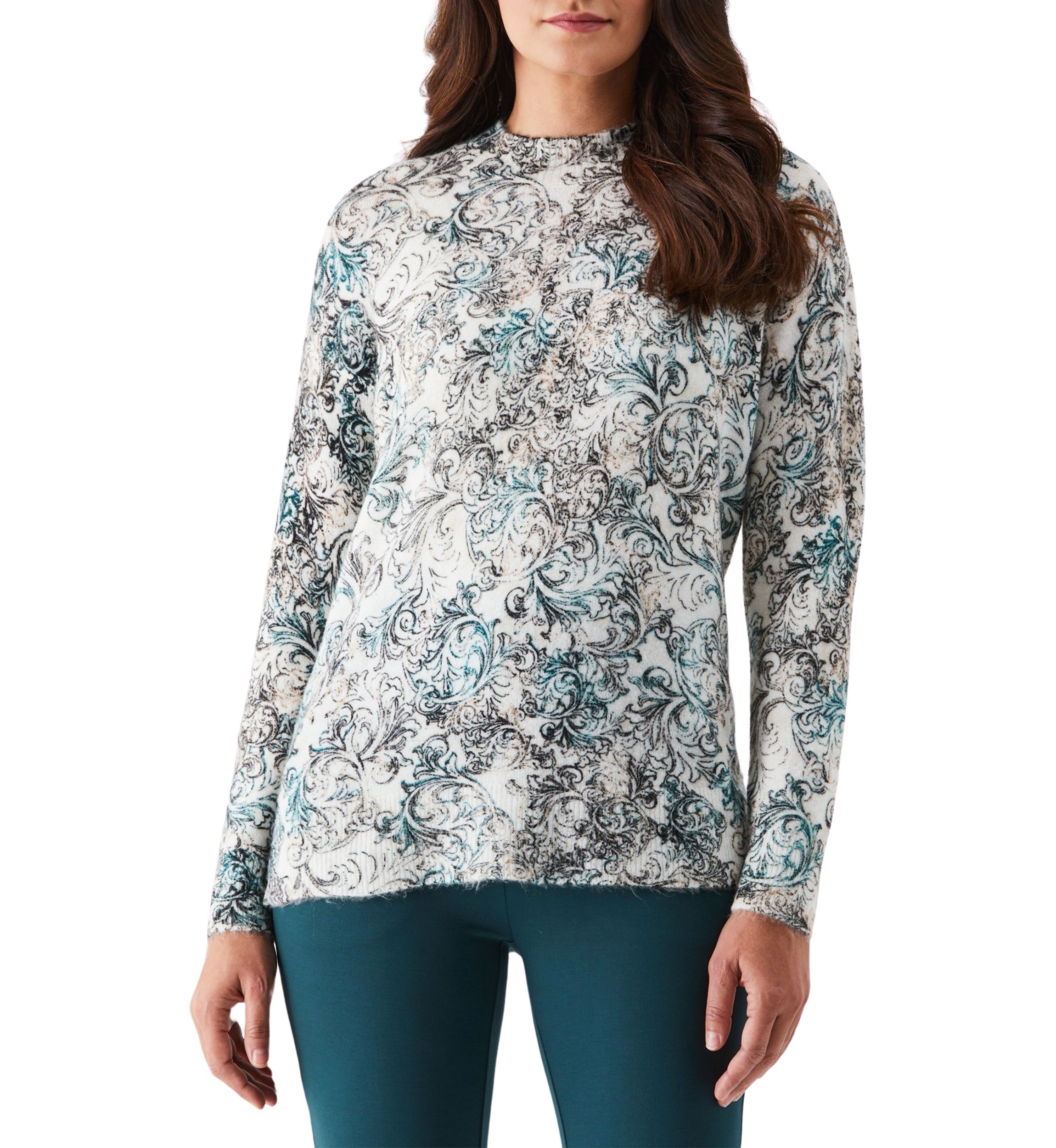 Petite Acanthus Scroll Print Mock Neck Long Sleeve Pullover Sweater