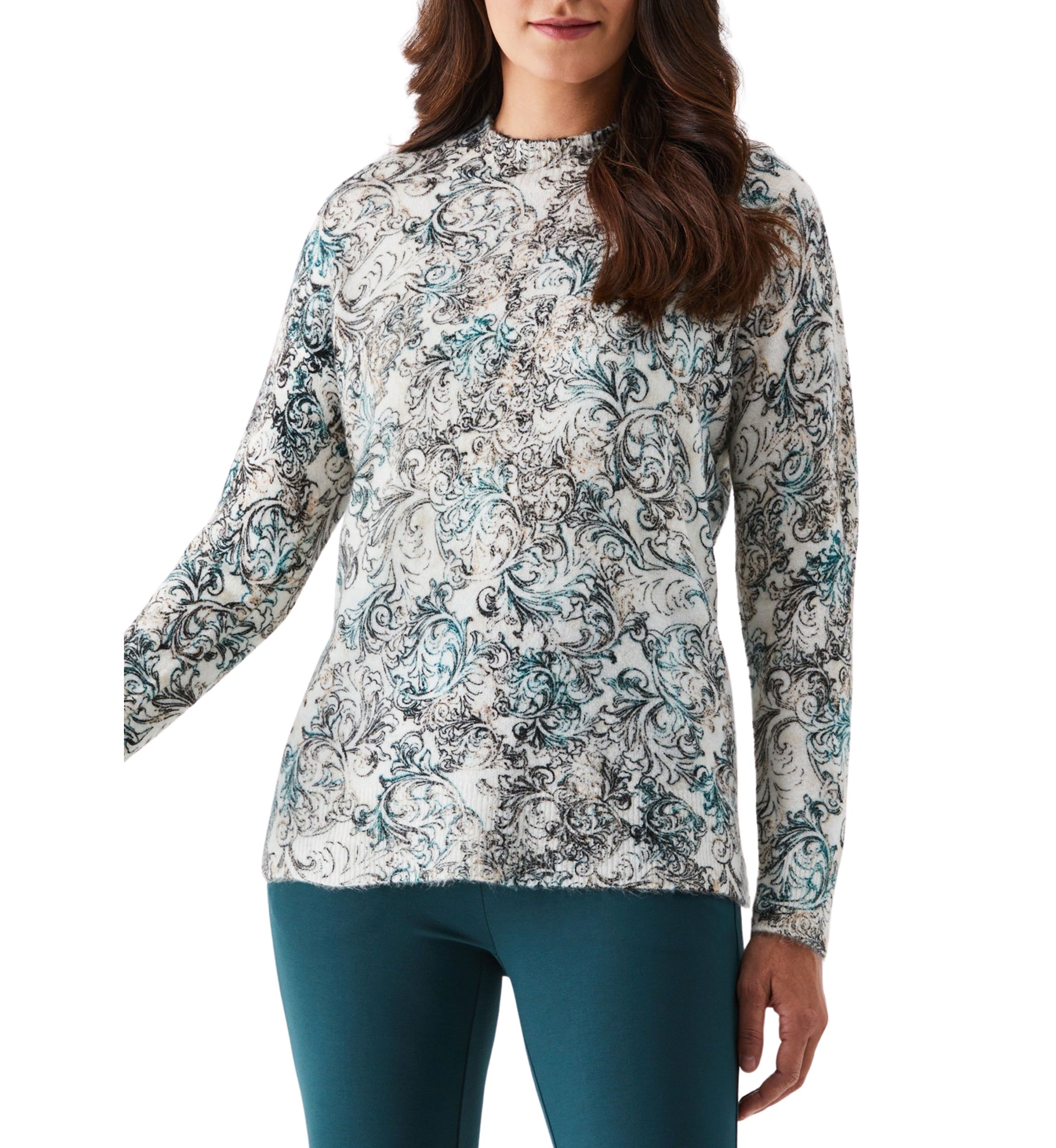 Petite Acanthus Scroll Print Mock Neck Long Sleeve Pullover Sweater