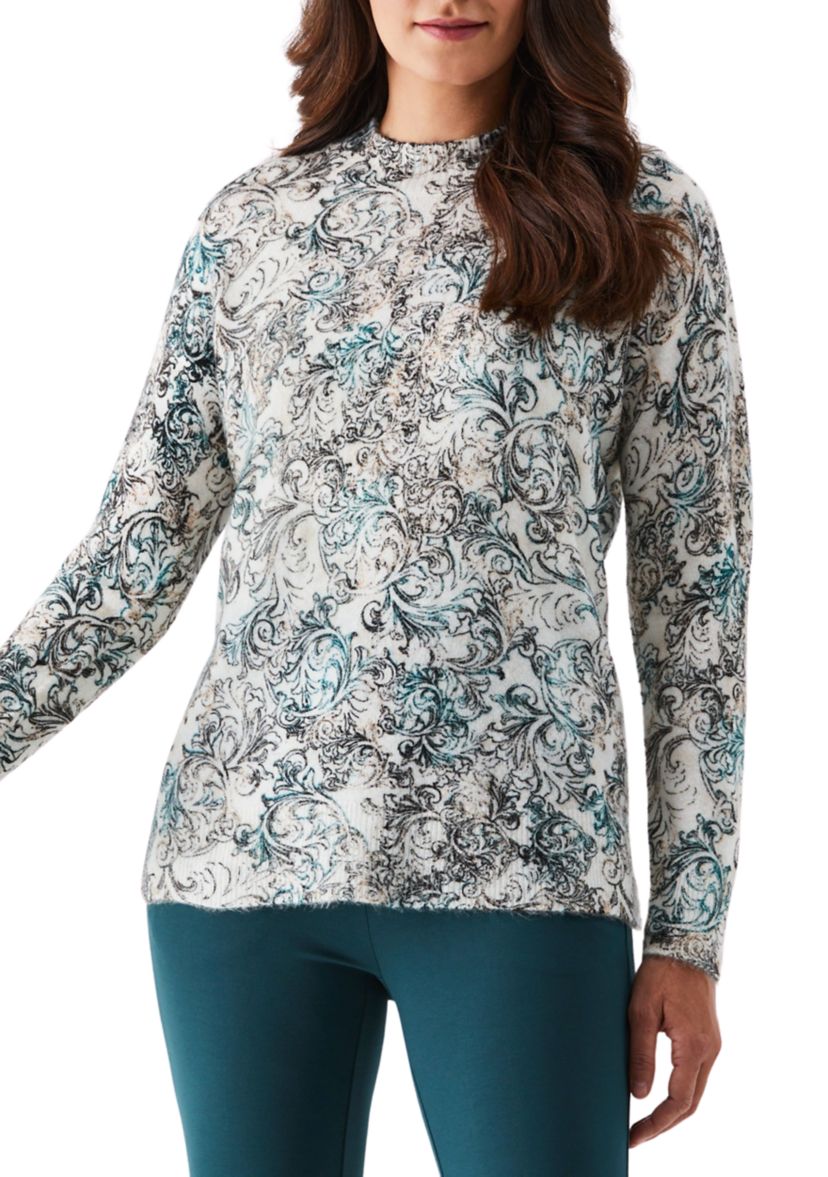 Petite Acanthus Scroll Print Mock Neck Long Sleeve Pullover Sweater