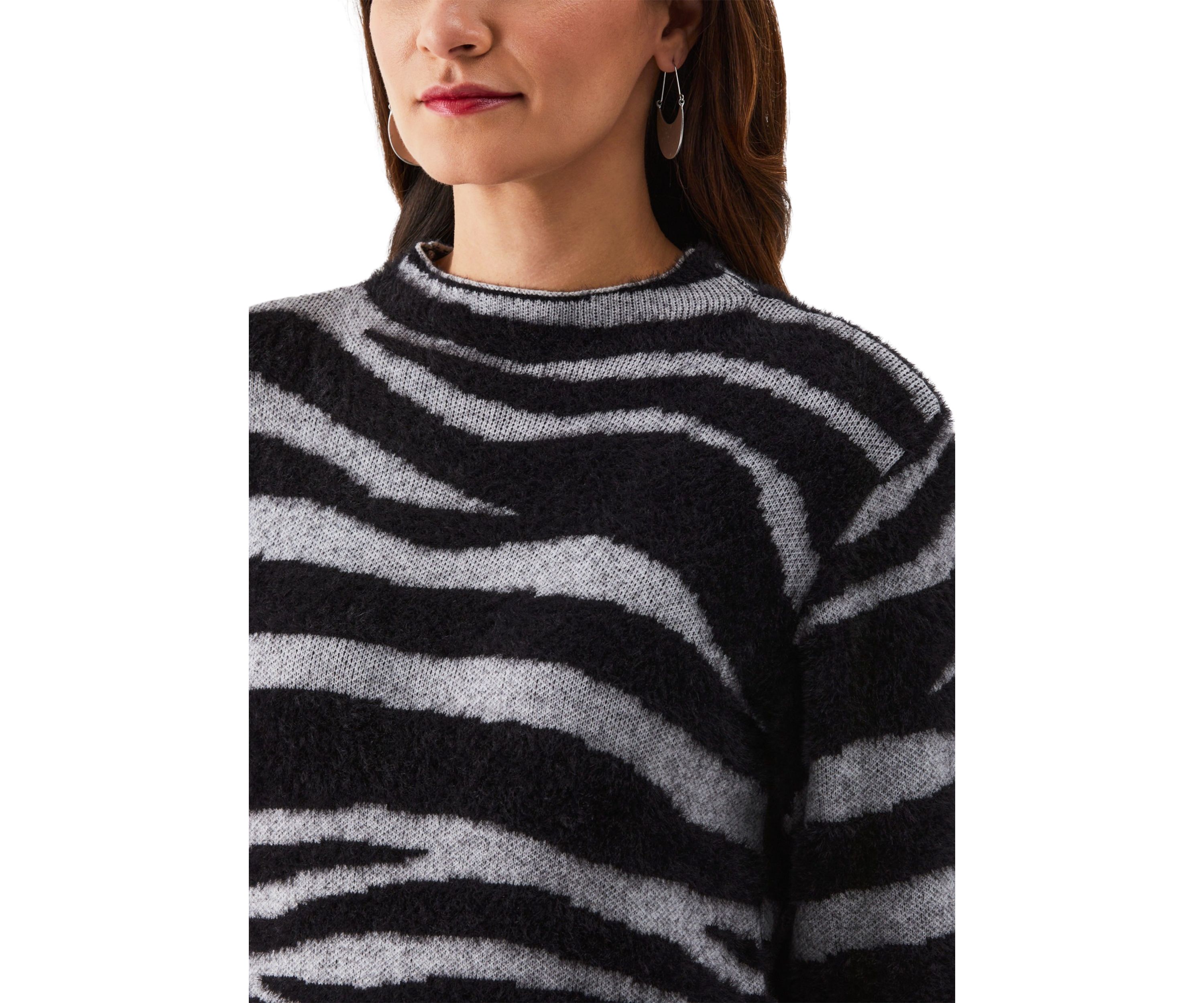 Petite Zebra Print Faux Hair Mock Neck Long Sleeve Sweater