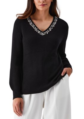 ELLA Rafaella Women's Petite Embellished V-Neck Long Sleeve Sweater, Black, PXS