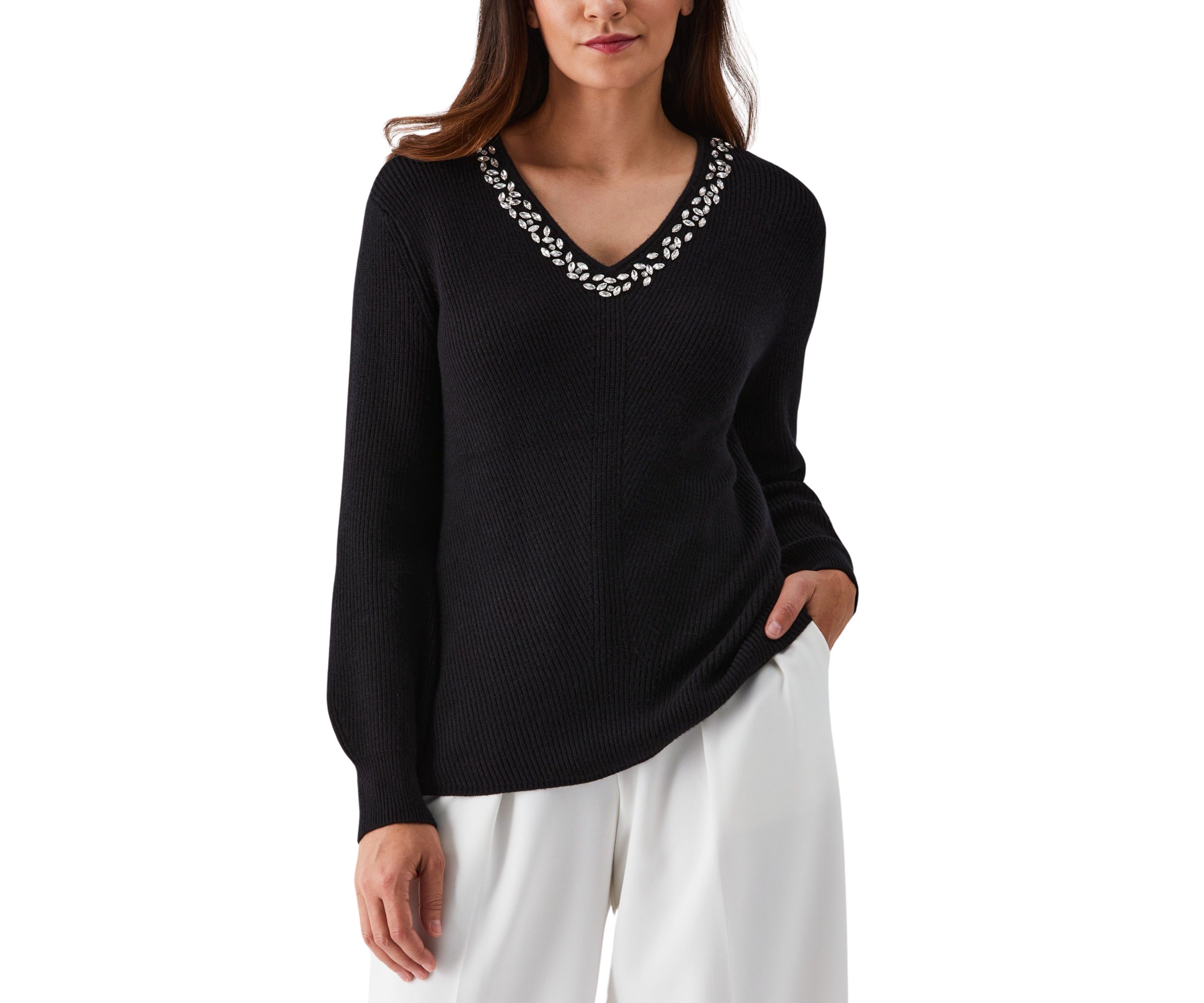Petite Embellished V-Neck Long Sleeve Sweater