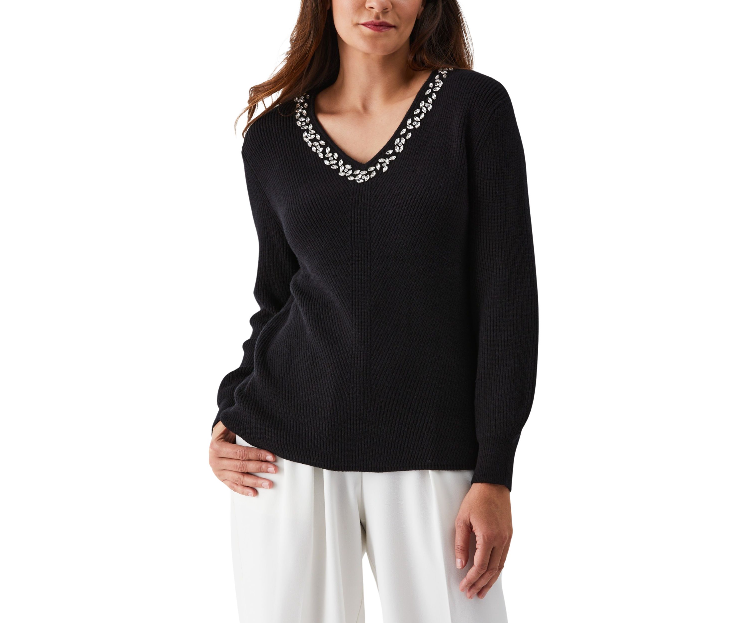 Petite Embellished V-Neck Long Sleeve Sweater