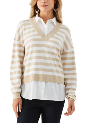 ELLA Rafaella Women's Petite Striped Layered Long Sleeve Sweater, PXL