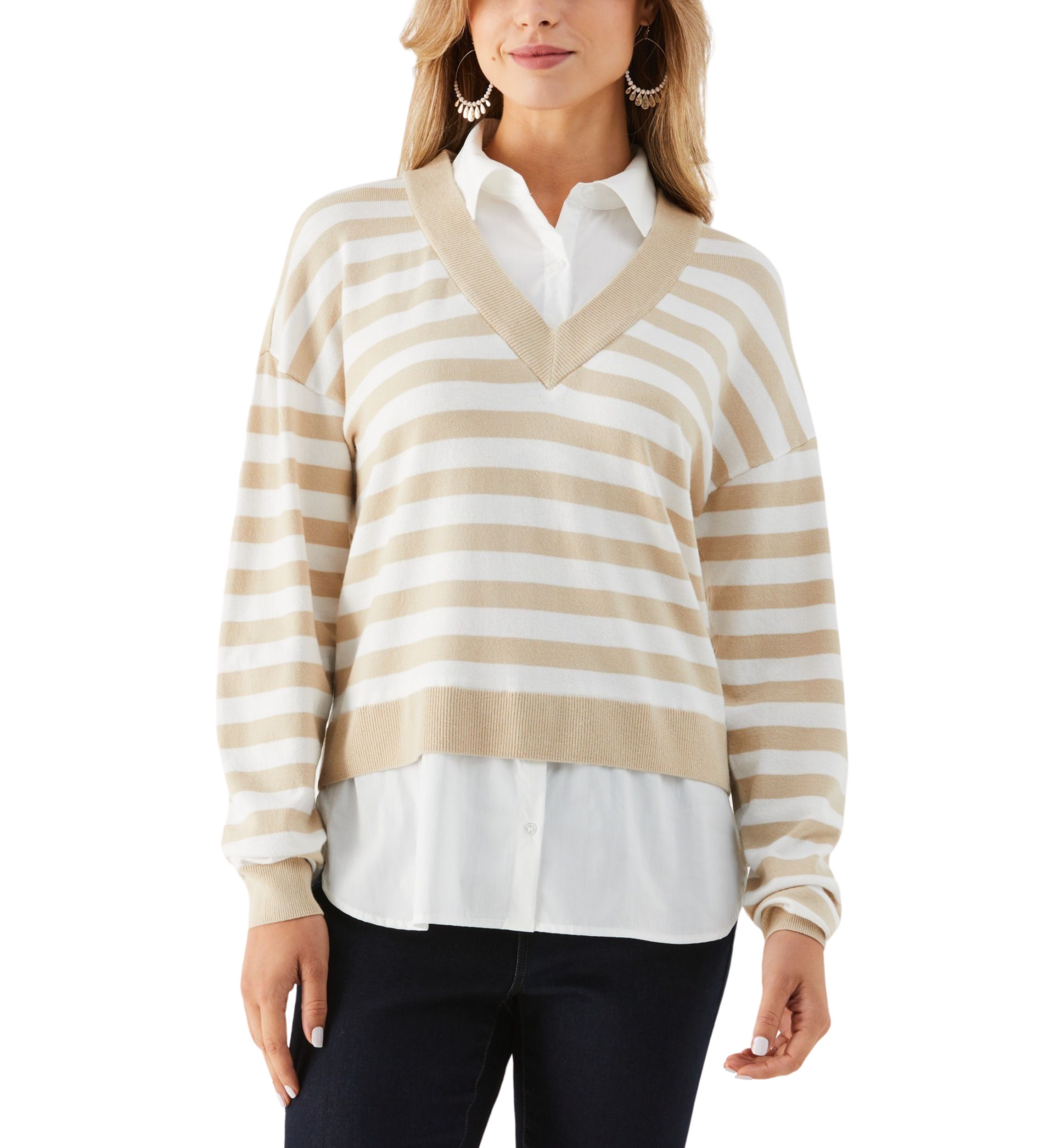 Petite Striped Layered Long Sleeve Sweater
