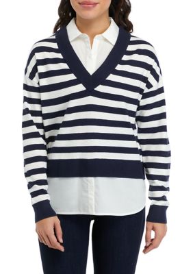 ELLA Rafaella Women's Petite Striped Layered Long Sleeve Sweater, Navy Blue, PXL