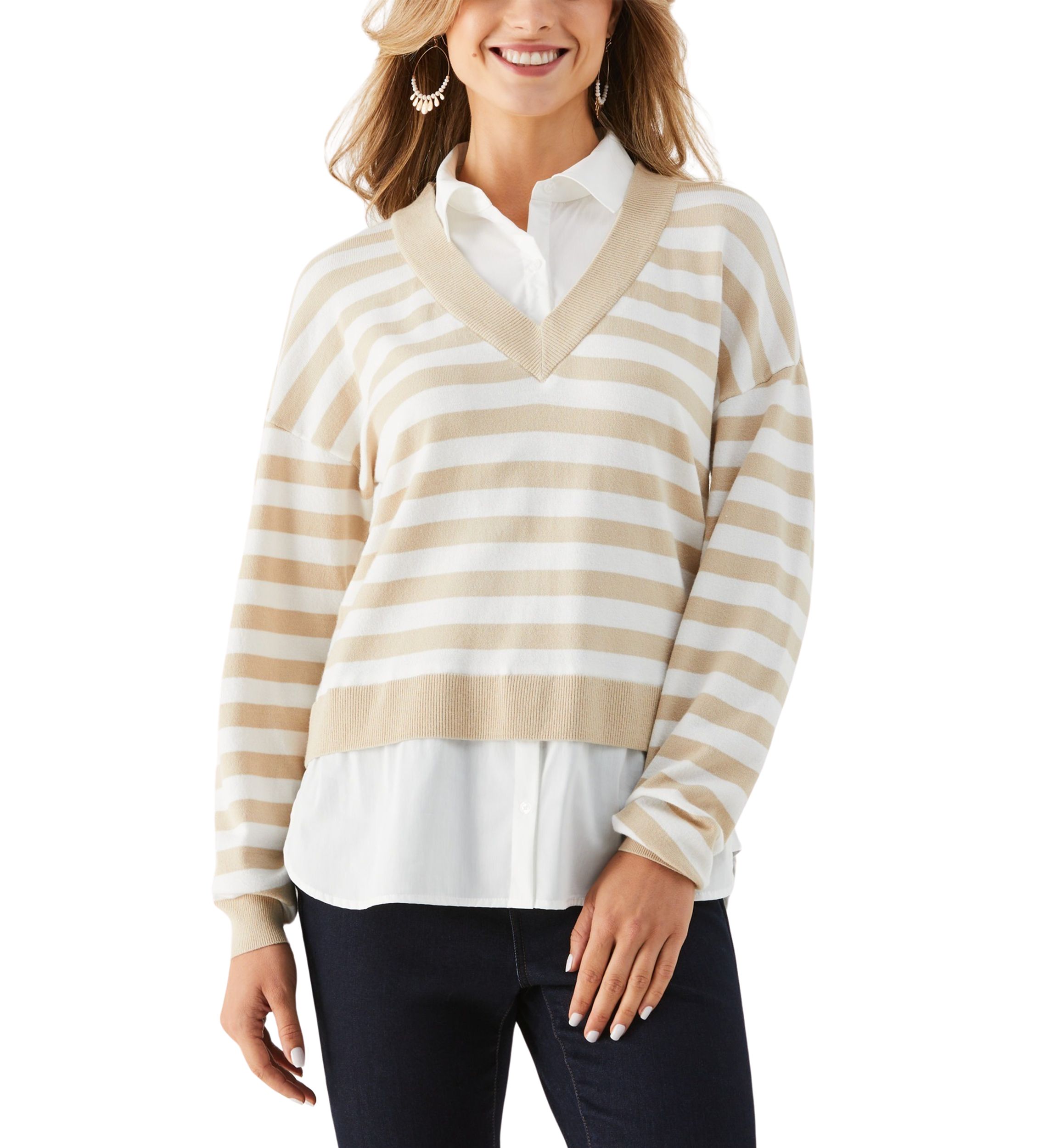 Petite Striped Layered Long Sleeve Sweater