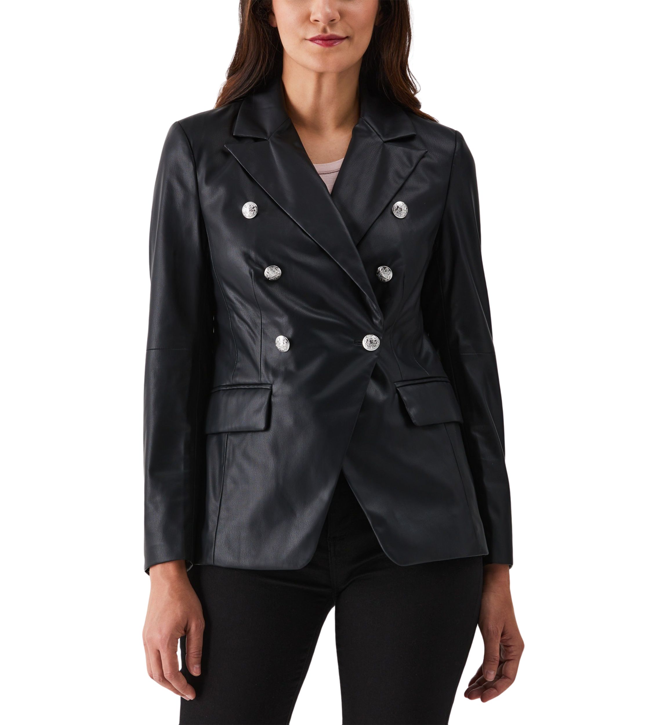 Petite Vegan Leather Double Breasted Blazer