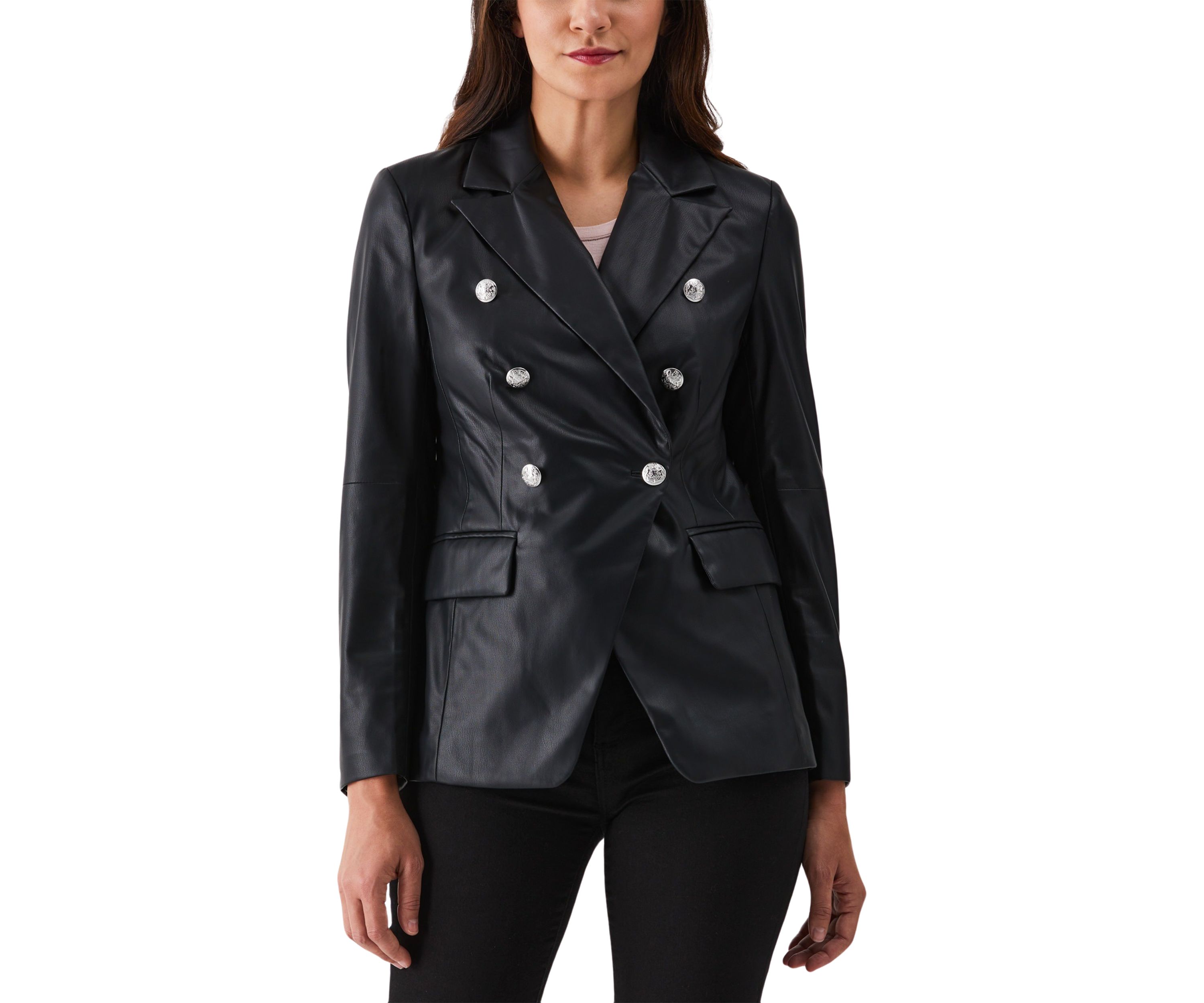 Petite Vegan Leather Double Breasted Blazer