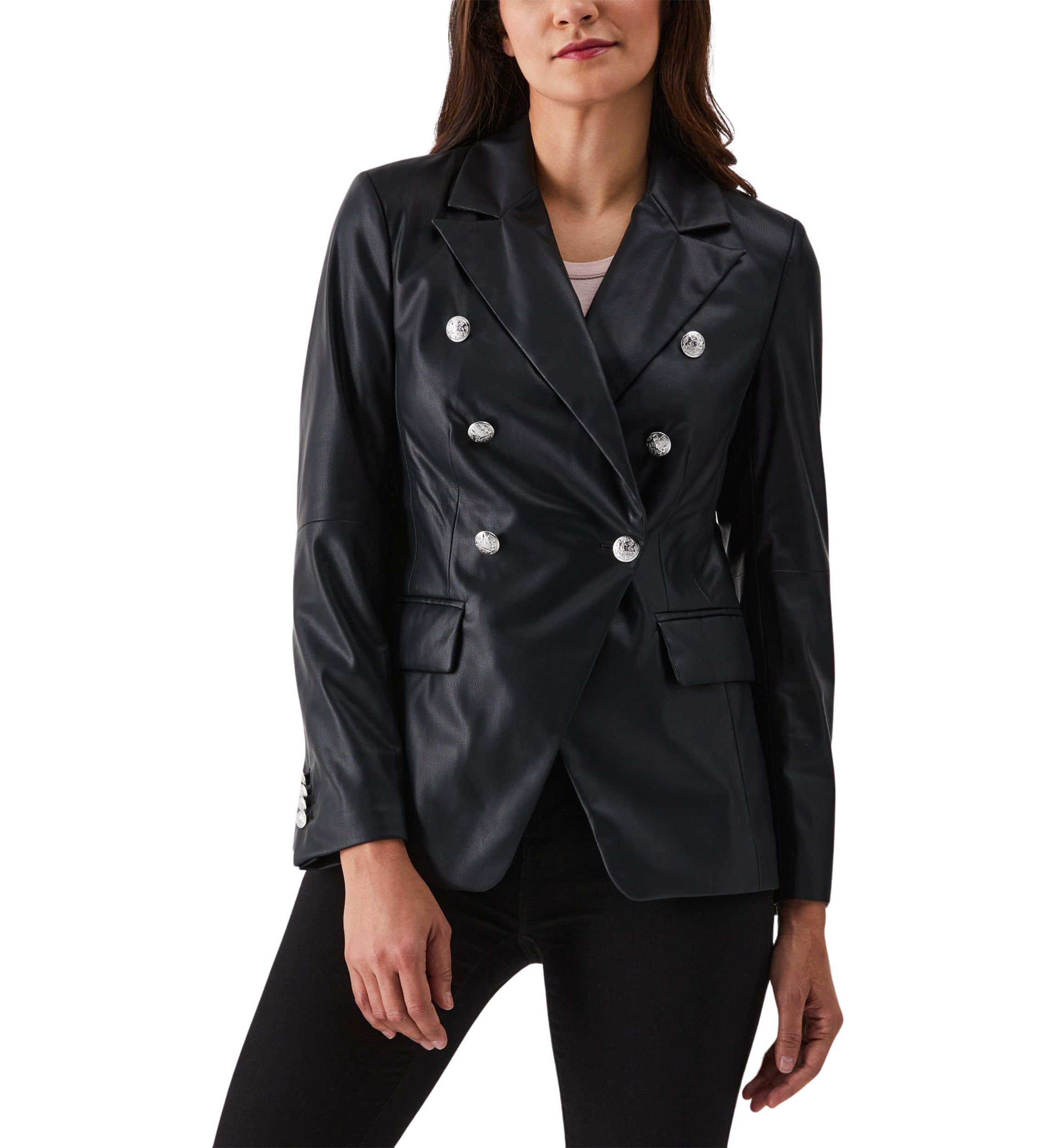 Petite Vegan Leather Double Breasted Blazer