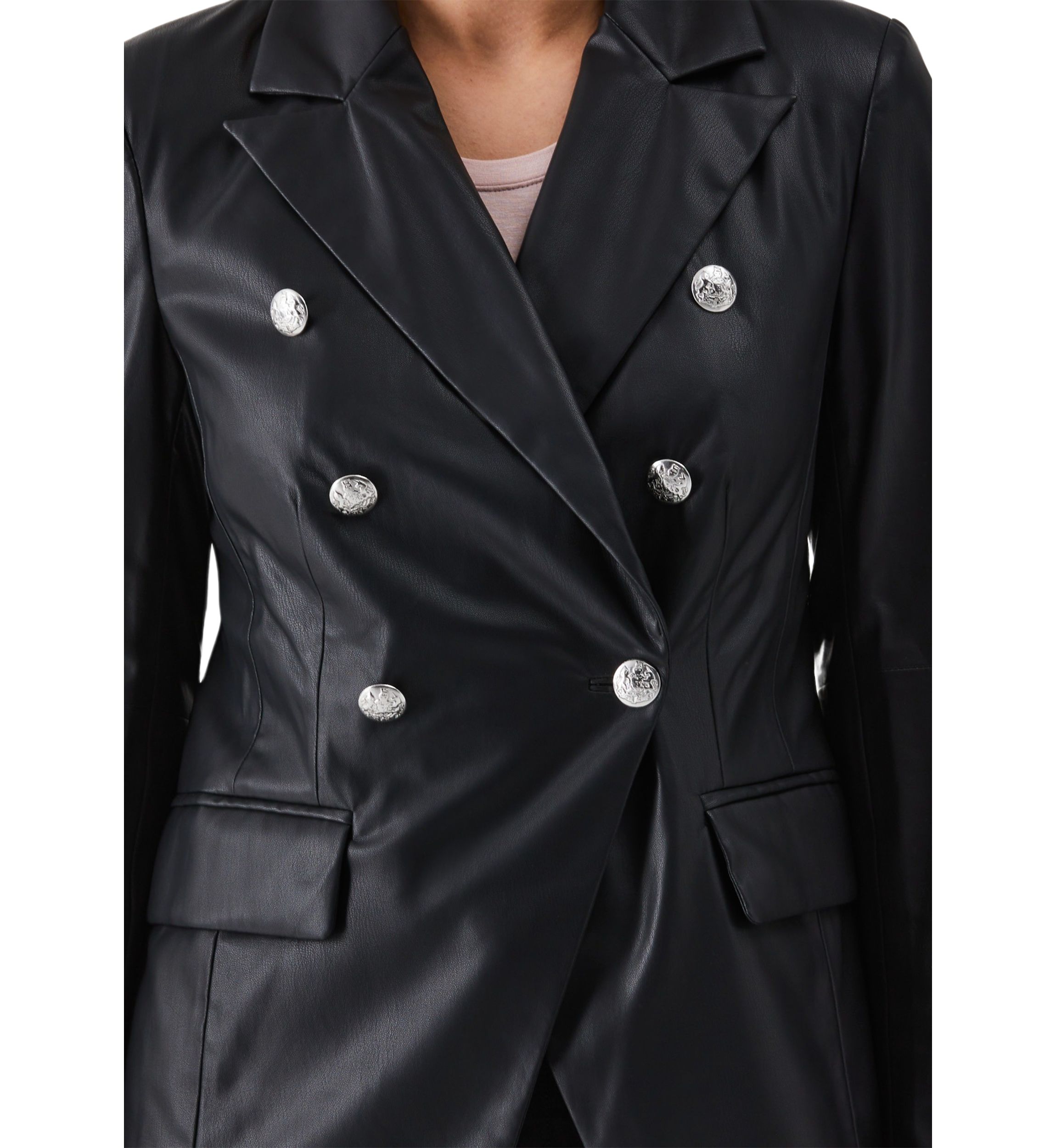 Petite Vegan Leather Double Breasted Blazer