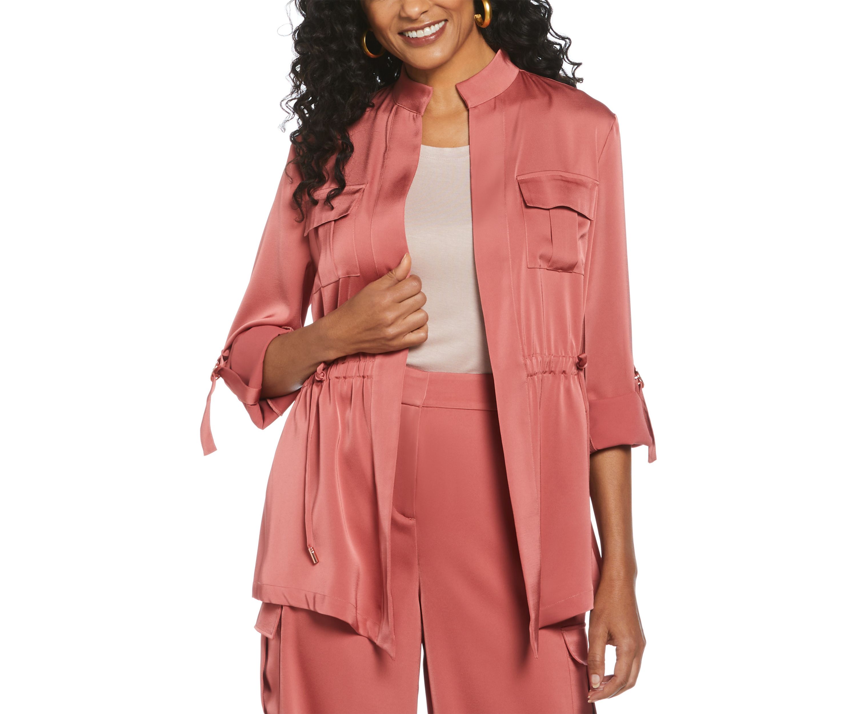 Petite Drawcord Waist Shine Roll Sleeve Jacket