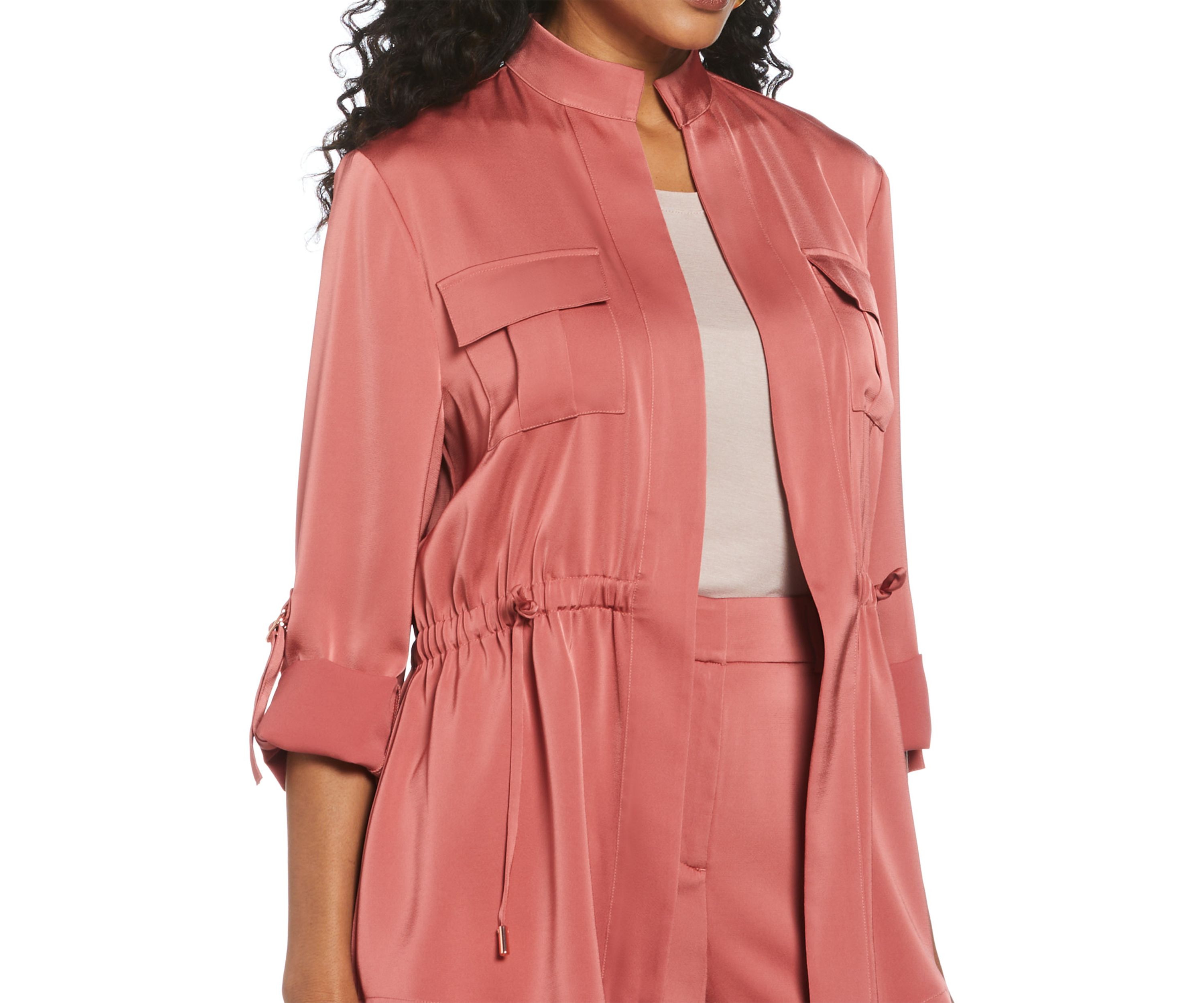 Petite Drawcord Waist Shine Roll Sleeve Jacket