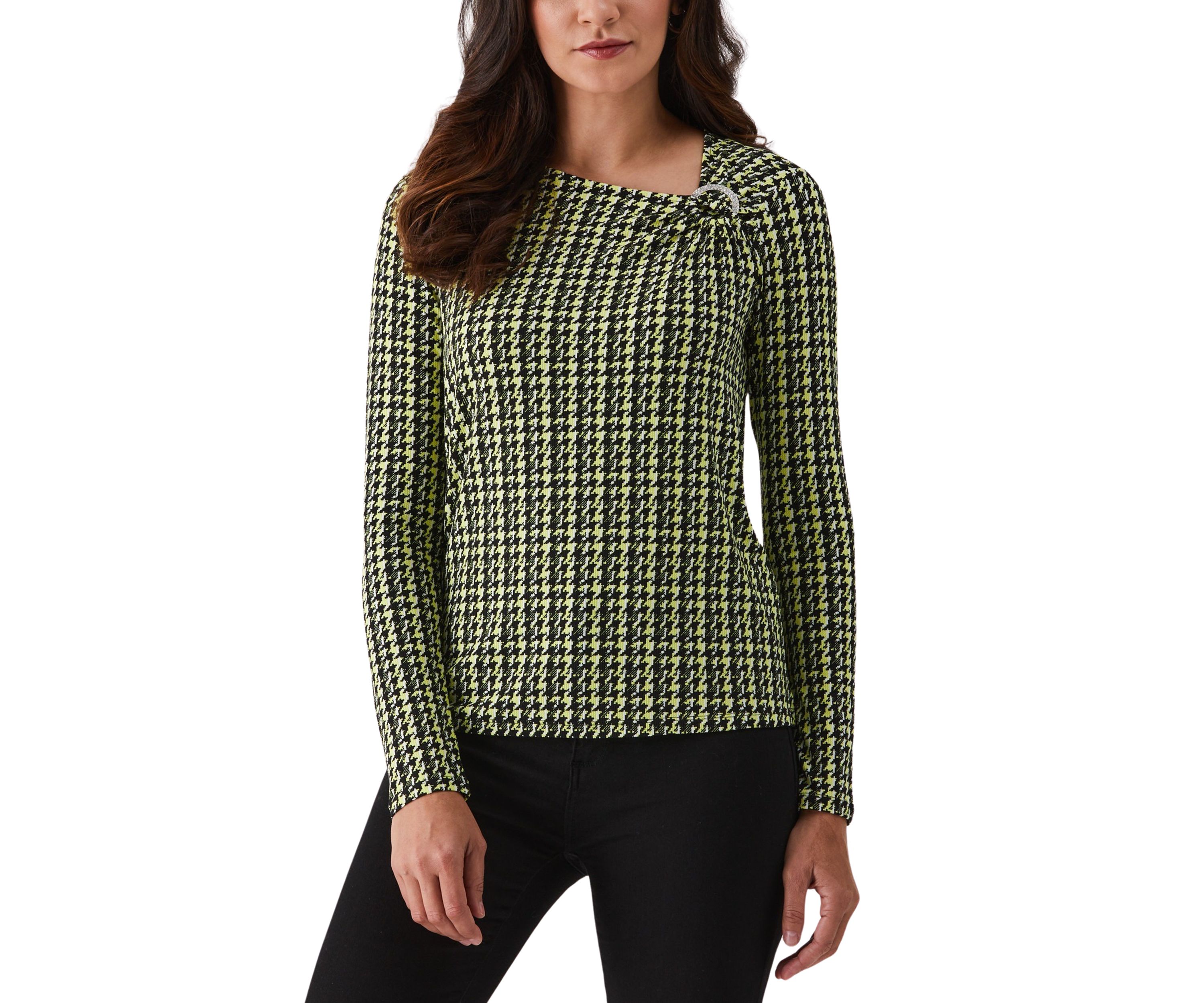 Petite Houndstooth Print Asymmetric Neck Long Sleeve Top