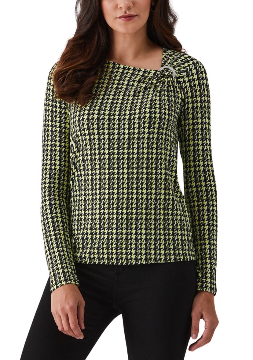 Petite Houndstooth Print Asymmetric Neck Long Sleeve Top
