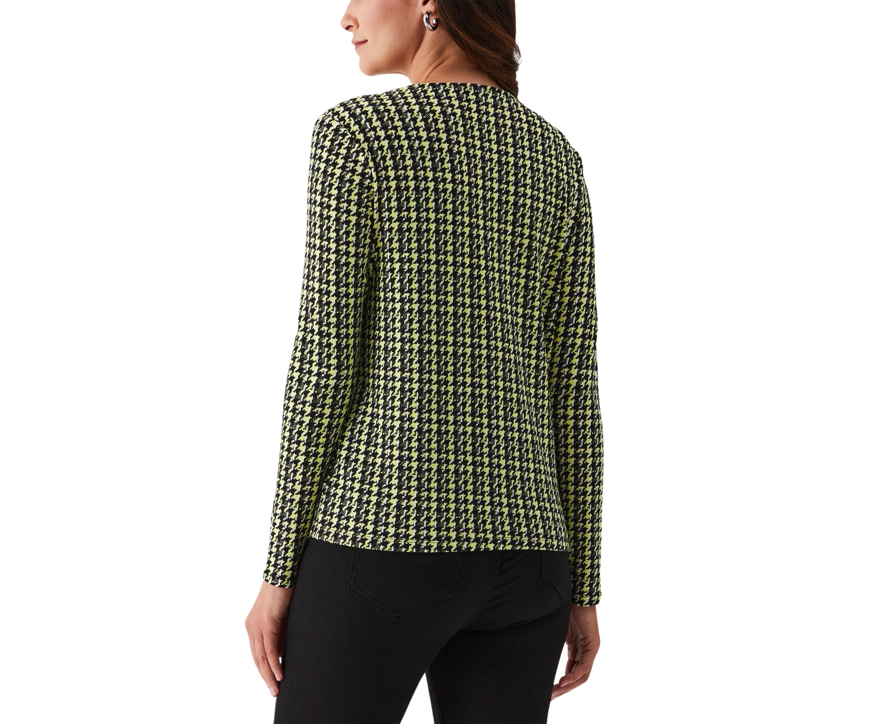 Petite Houndstooth Print Asymmetric Neck Long Sleeve Top