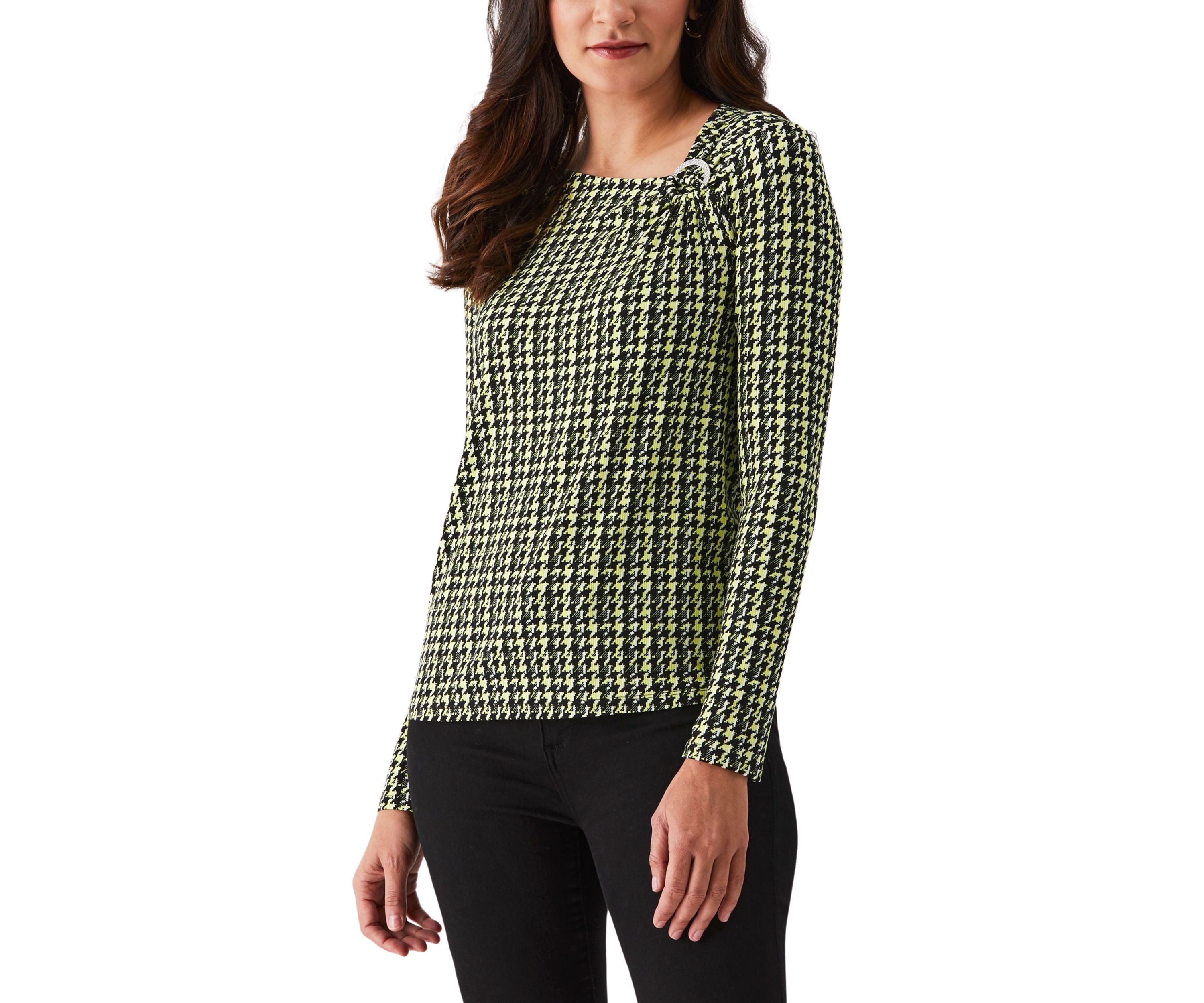 Petite Houndstooth Print Asymmetric Neck Long Sleeve Top