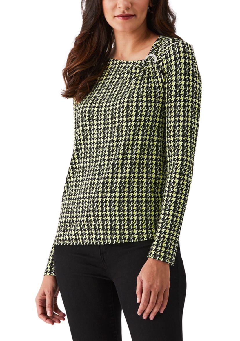 Petite Houndstooth Print Asymmetric Neck Long Sleeve Top