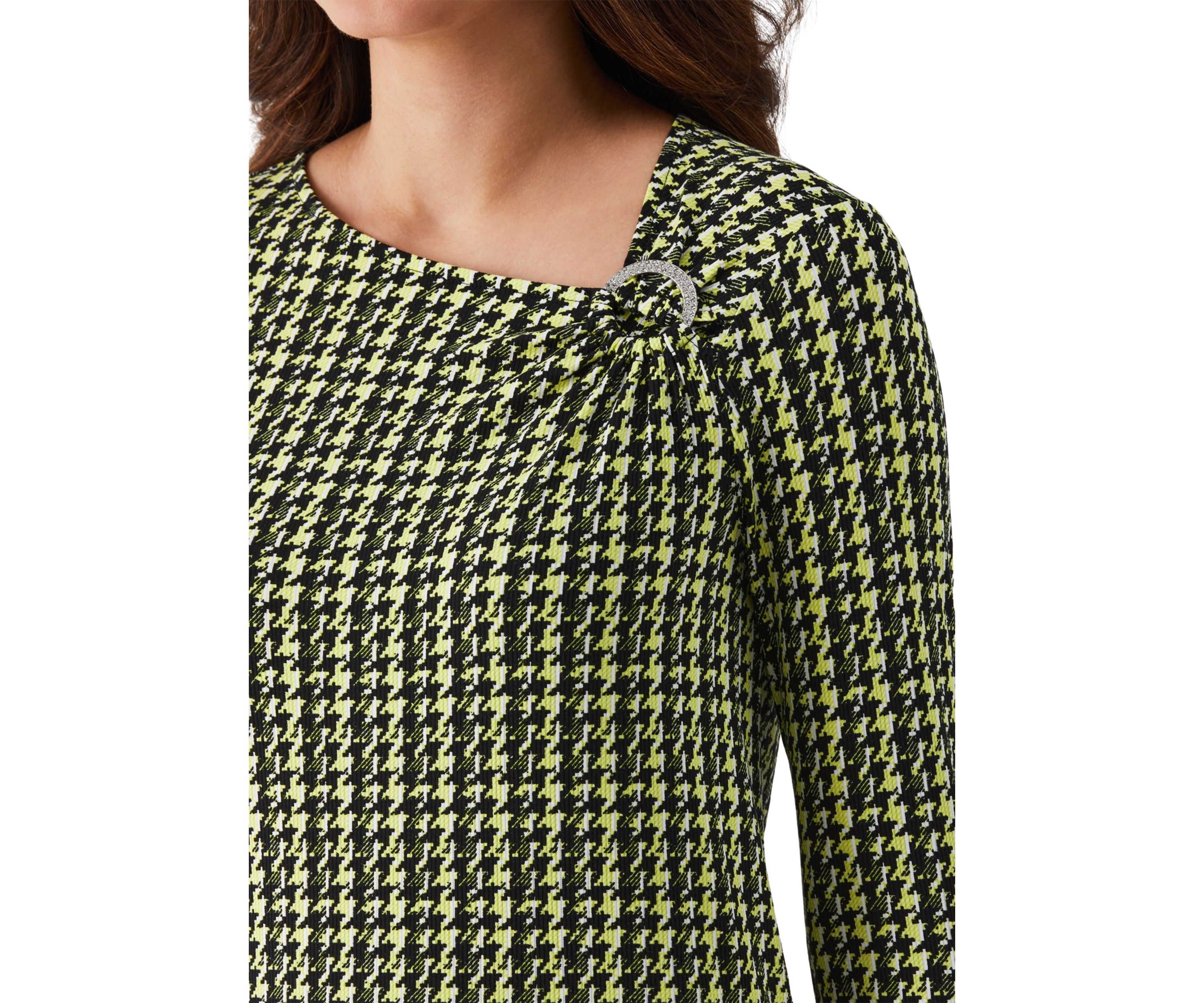 Petite Houndstooth Print Asymmetric Neck Long Sleeve Top