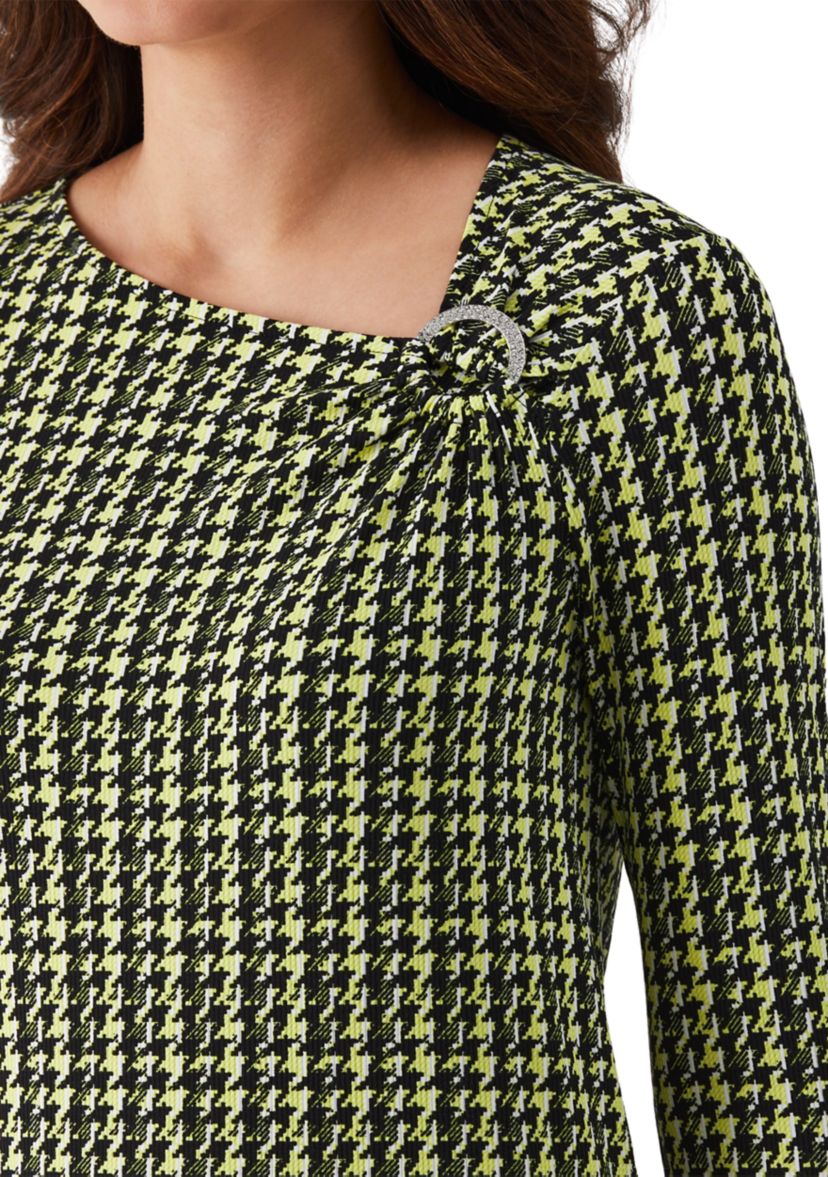 Petite Houndstooth Print Asymmetric Neck Long Sleeve Top