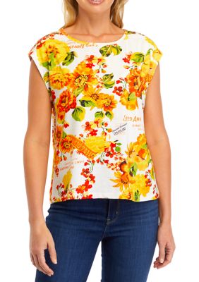 ELLA Rafaella Women's Petite Seed Packet Print Rivet Detail Cap Sleeve Tank Top, White, PL