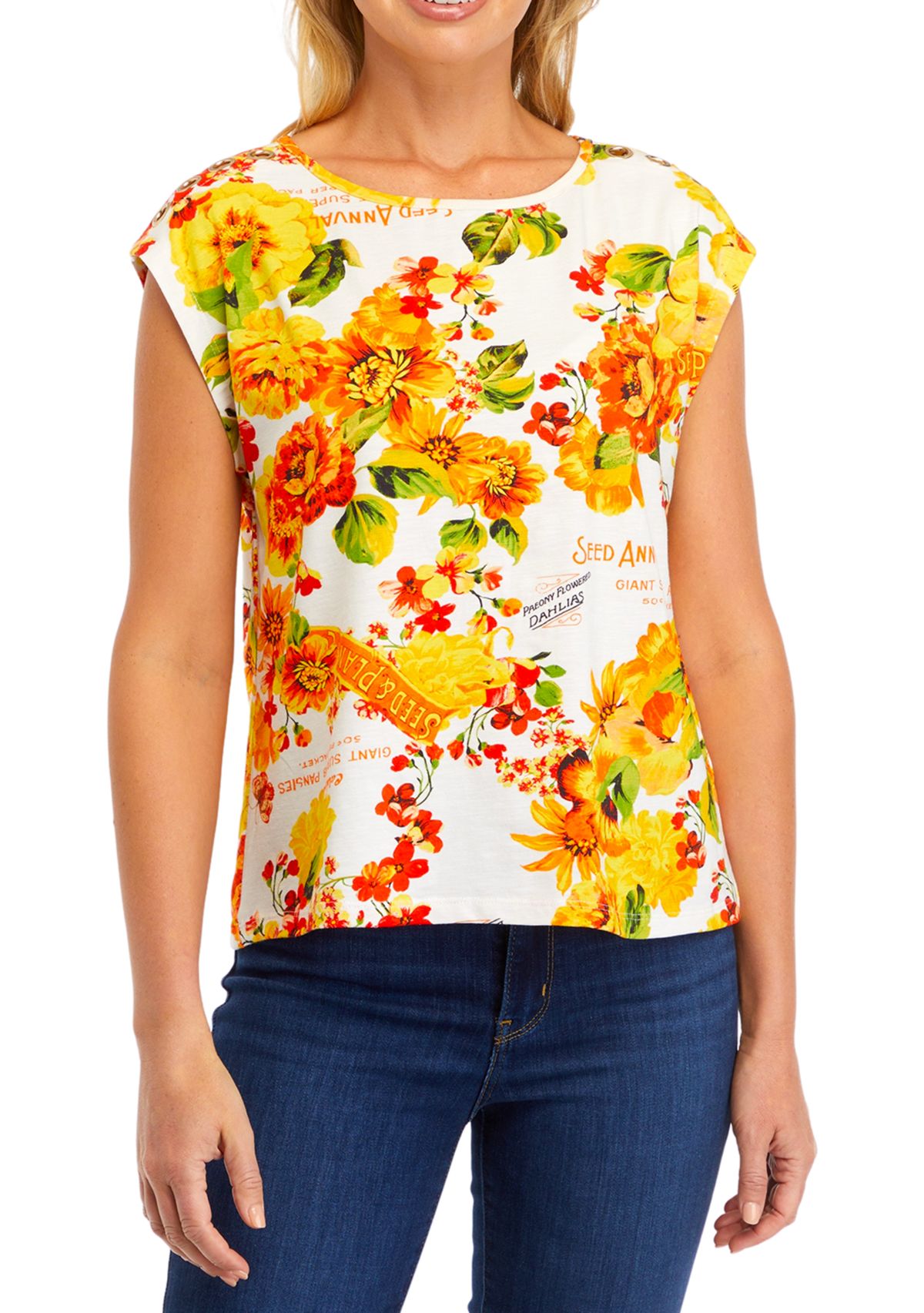 Petite Seed Packet Print Rivet Detail Cap Sleeve Tank Top