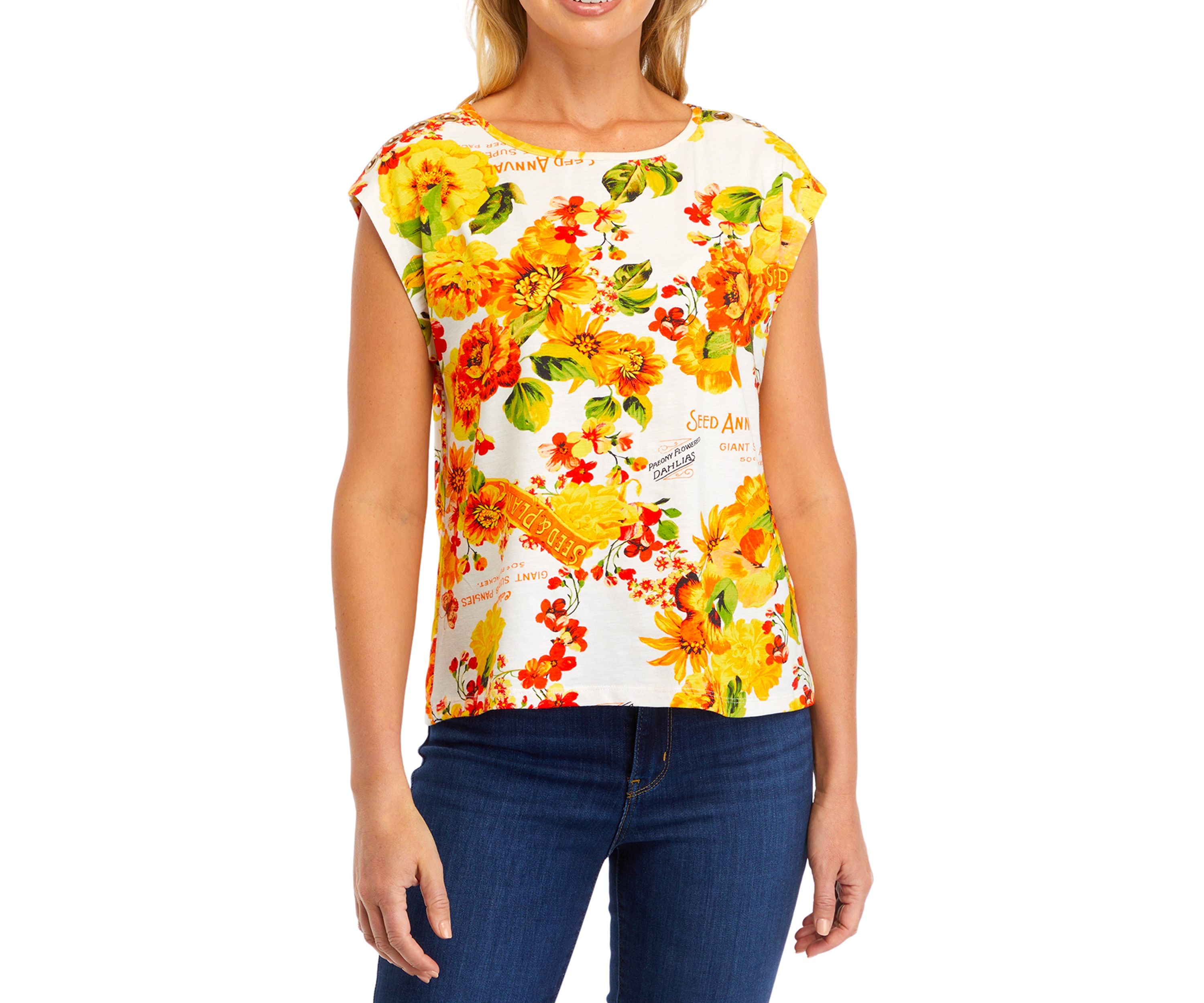 Petite Seed Packet Print Rivet Detail Cap Sleeve Tank Top