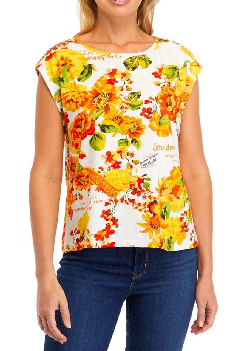 Petite Seed Packet Print Rivet Detail Cap Sleeve Tank Top