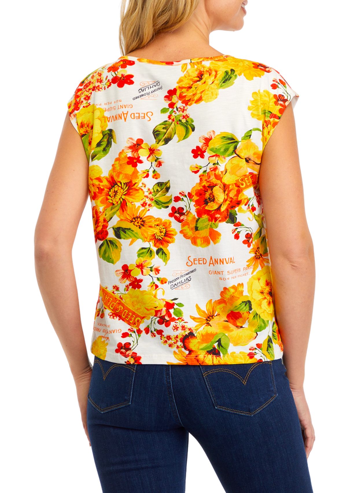 Petite Seed Packet Print Rivet Detail Cap Sleeve Tank Top