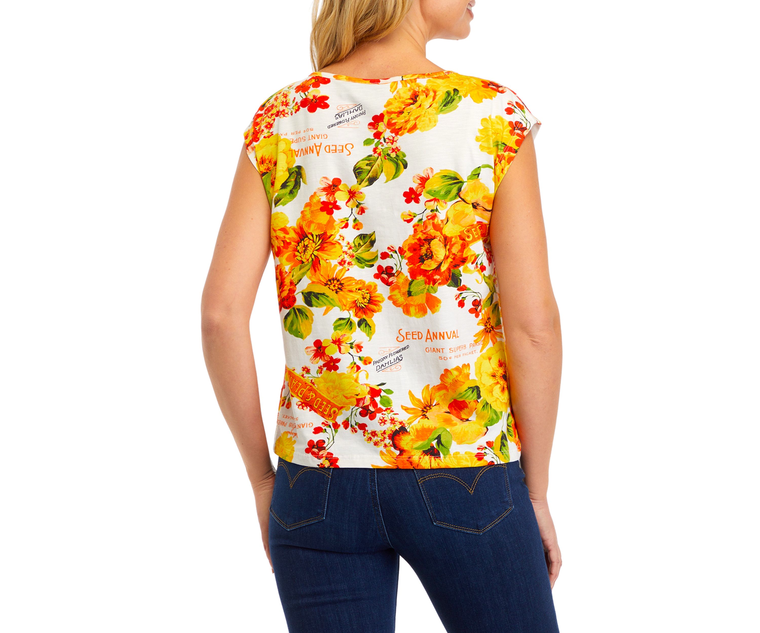 Petite Seed Packet Print Rivet Detail Cap Sleeve Tank Top