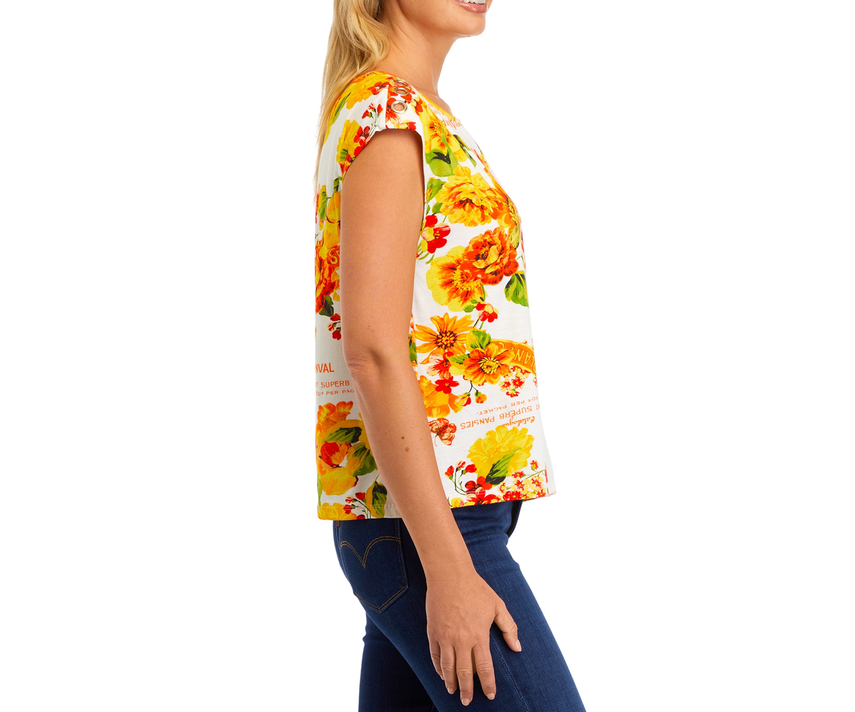 Petite Seed Packet Print Rivet Detail Cap Sleeve Tank Top