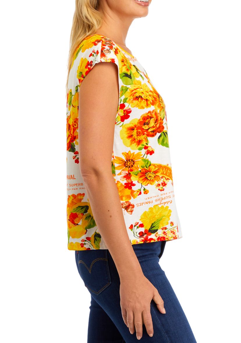 Petite Seed Packet Print Rivet Detail Cap Sleeve Tank Top