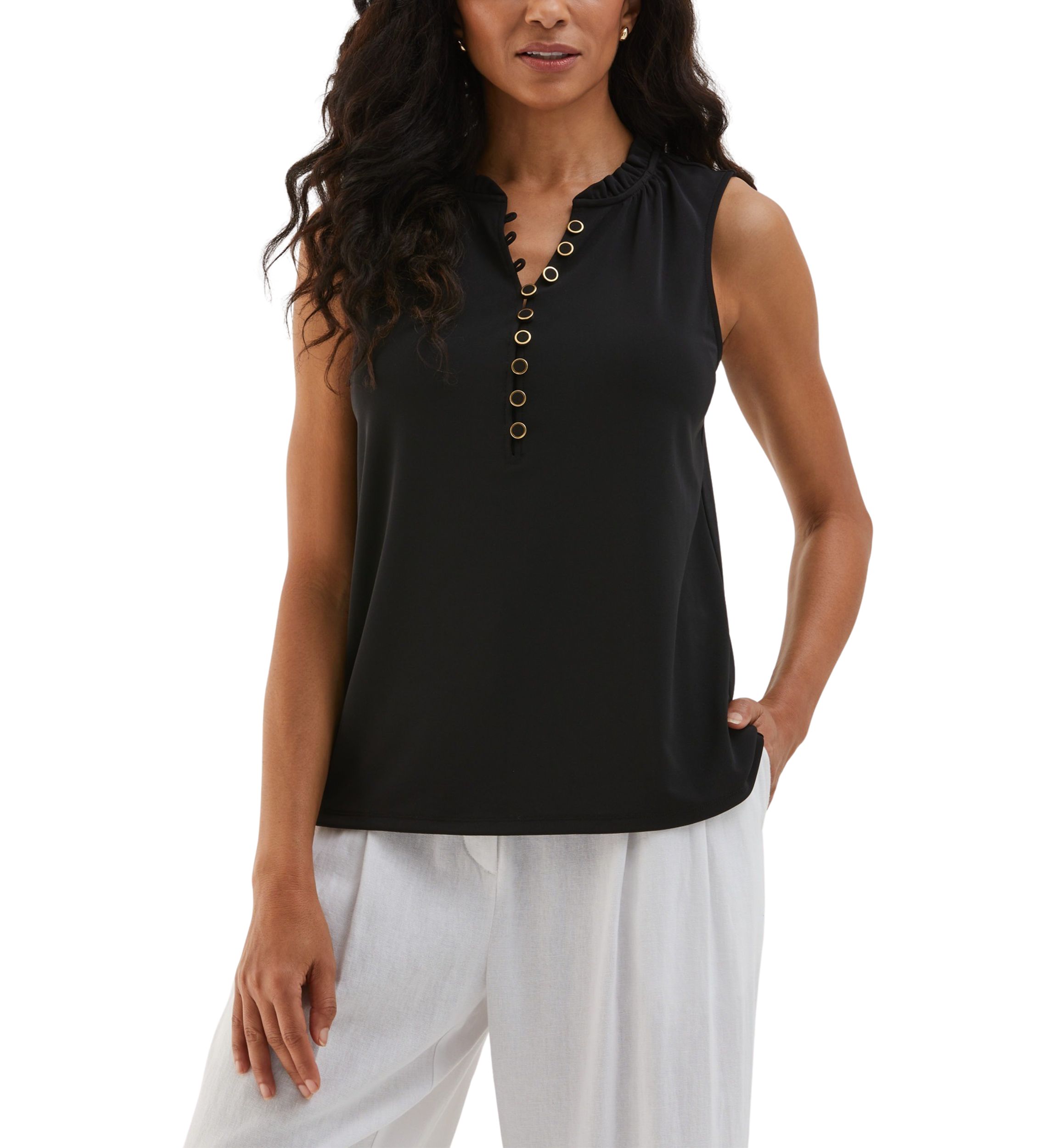 Petite Button Front Ruffle Sleeveless Tank Top