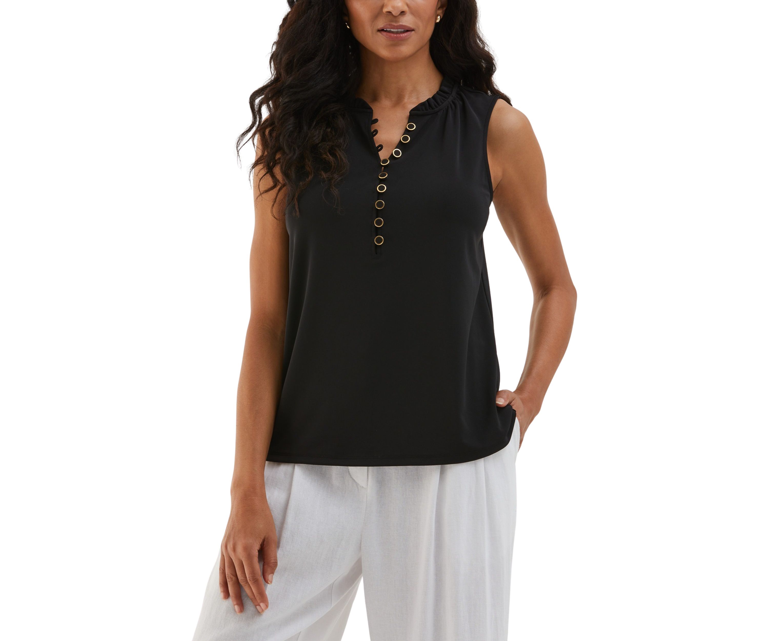 Petite Button Front Ruffle Sleeveless Tank Top