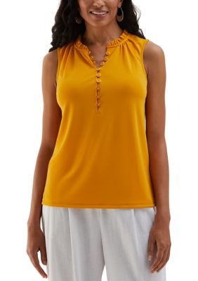 ELLA Rafaella Women's Petite Button Front Ruffle Sleeveless Tank Top, PL