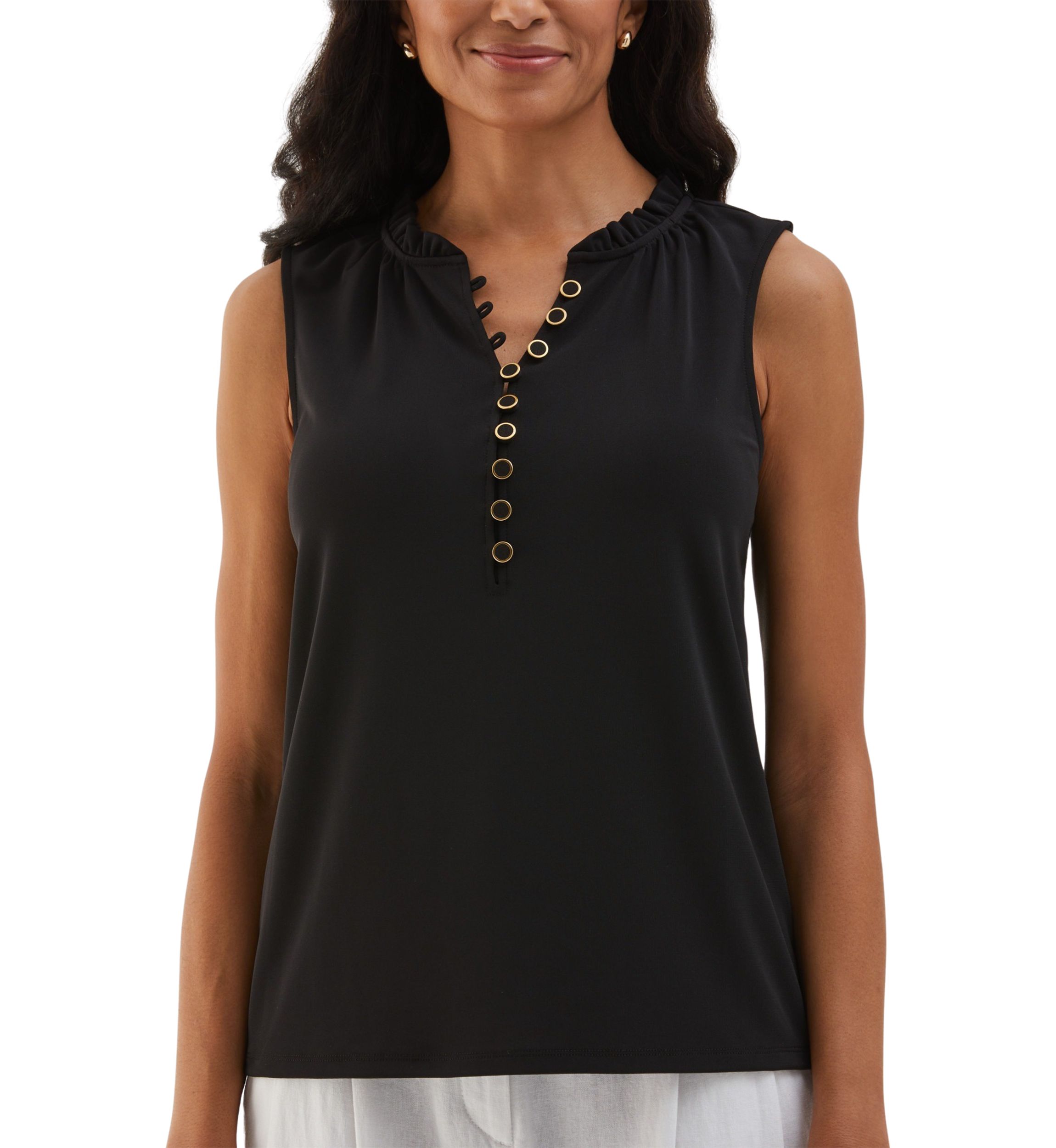 Petite Button Front Ruffle Sleeveless Tank Top