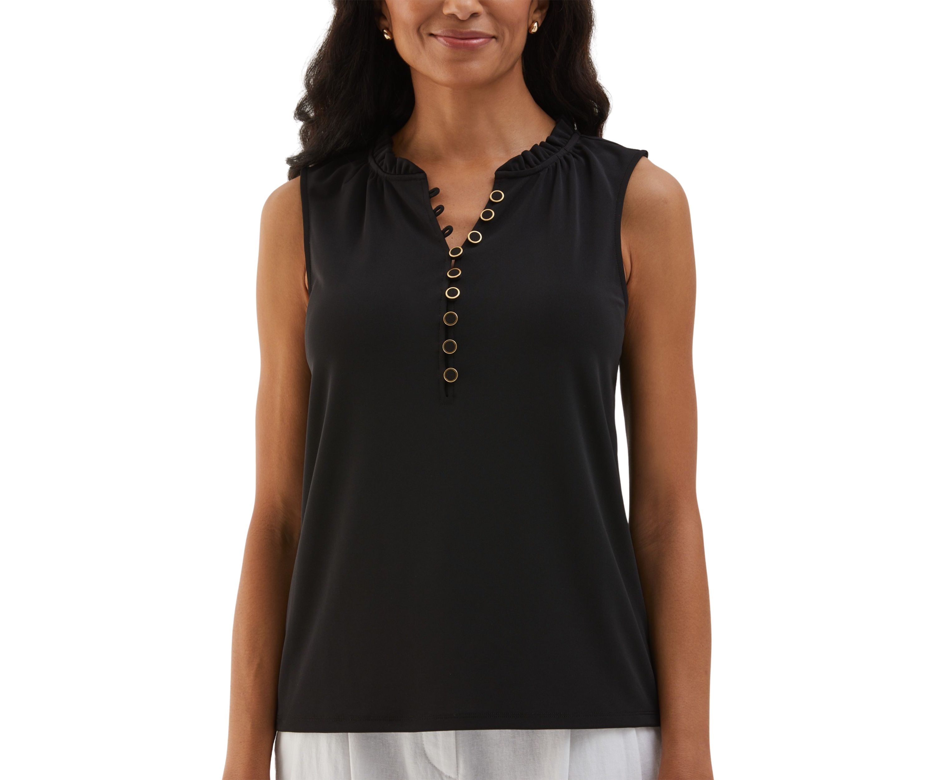 Petite Button Front Ruffle Sleeveless Tank Top