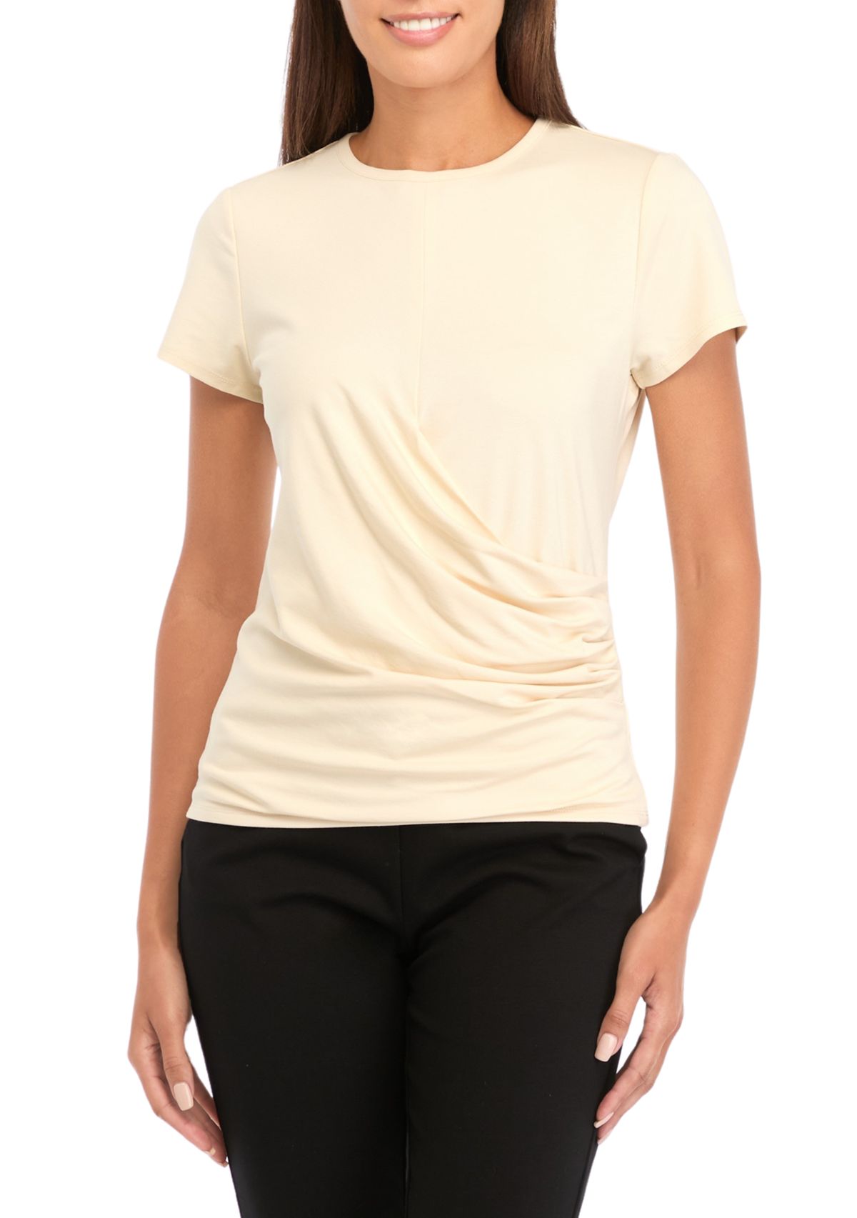 Petite Asymmetrical Wrap Short Sleeve Top