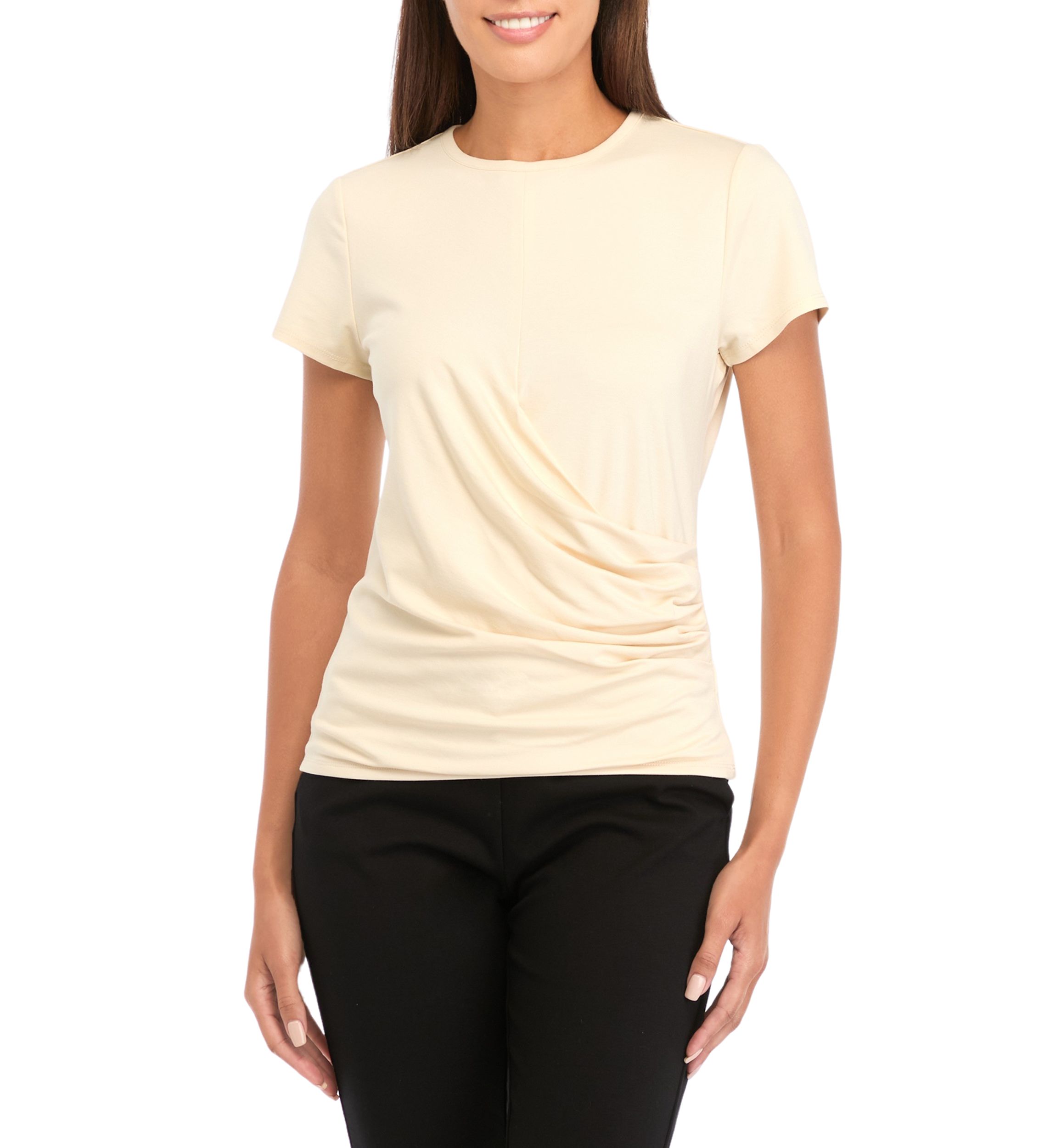 Petite Asymmetrical Wrap Short Sleeve Top