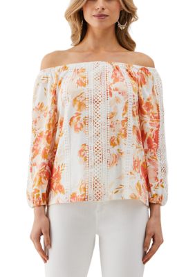 ELLA Rafaella Women's Petite Floral Print Lace Trim 3/4 Sleeve Off the Shoulder Top, Coral, PXL