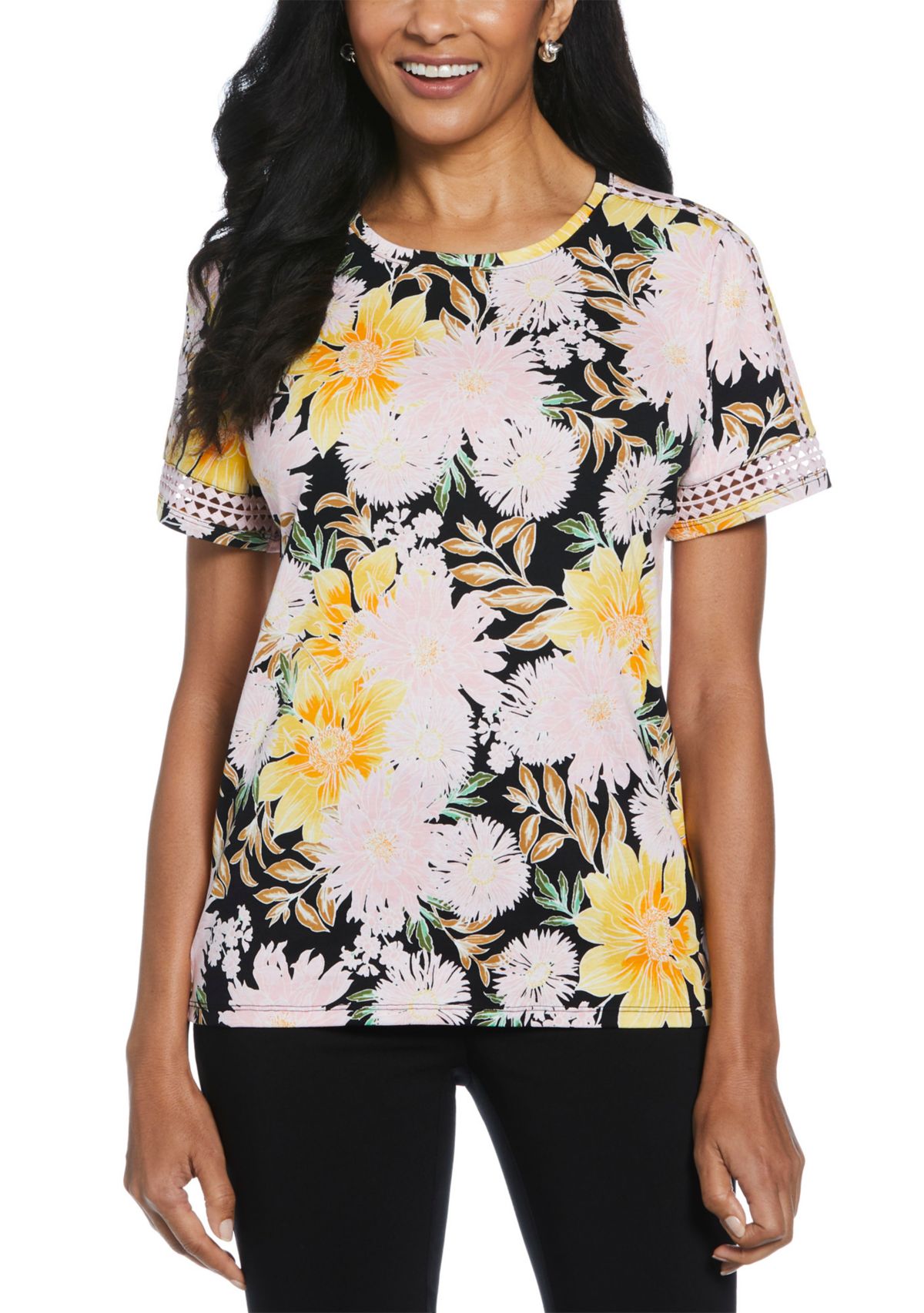 Petite Floral Print Dot Lace Trim Short Sleeve T-Shirt