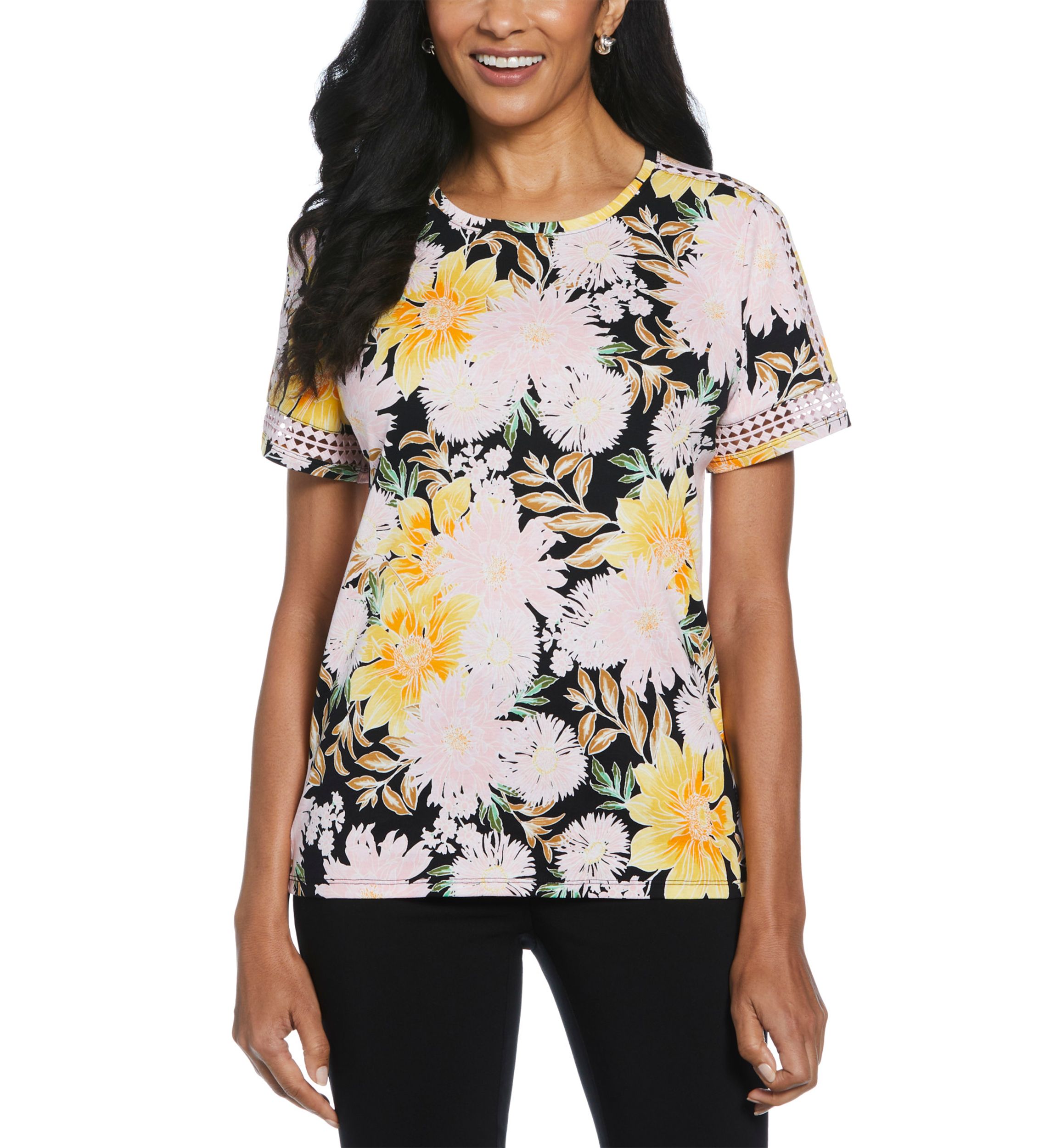 Petite Floral Print Dot Lace Trim Short Sleeve T-Shirt