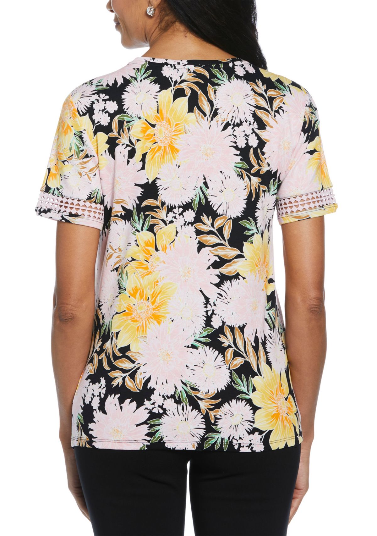 Petite Floral Print Dot Lace Trim Short Sleeve T-Shirt