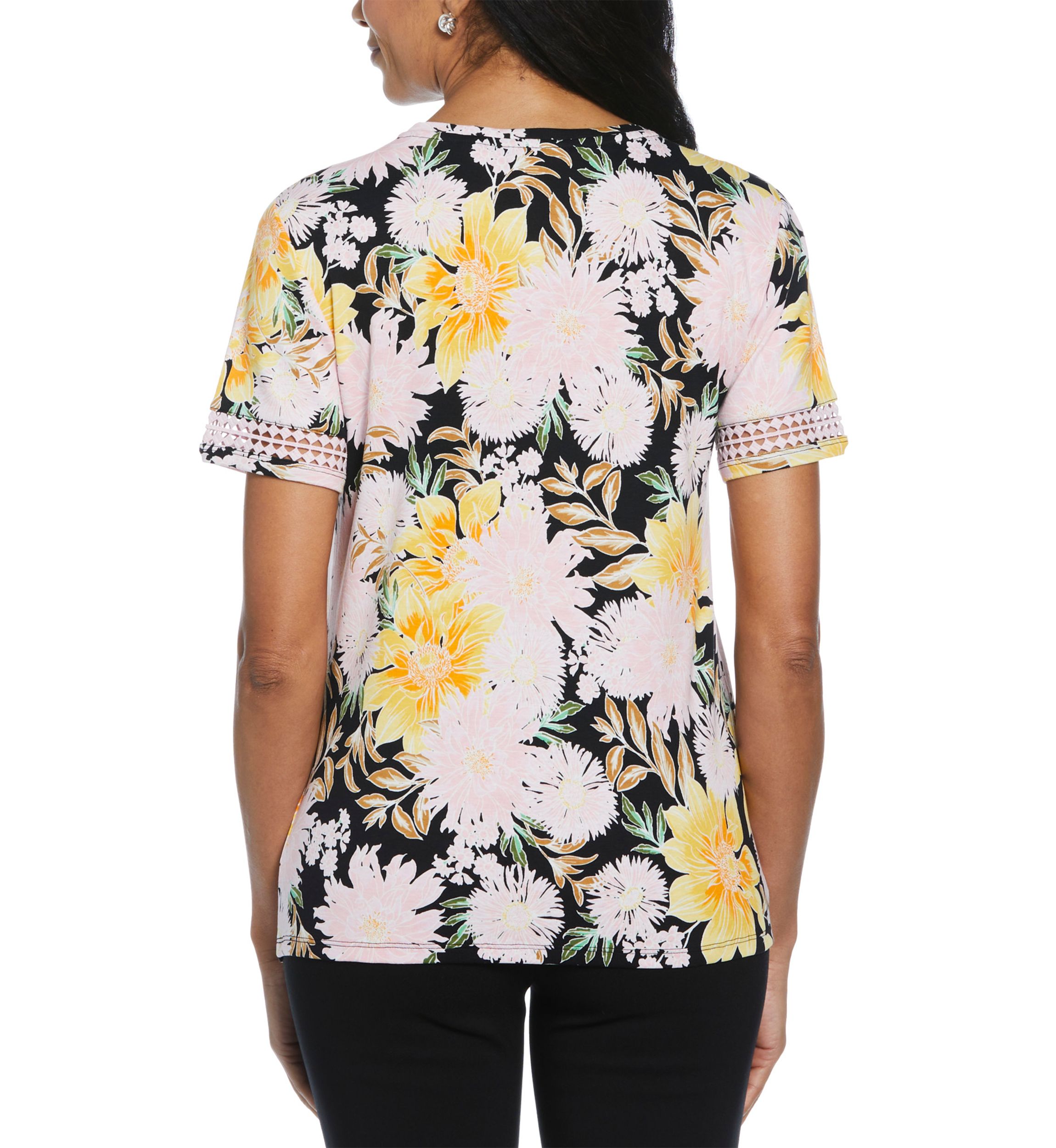 Petite Floral Print Dot Lace Trim Short Sleeve T-Shirt