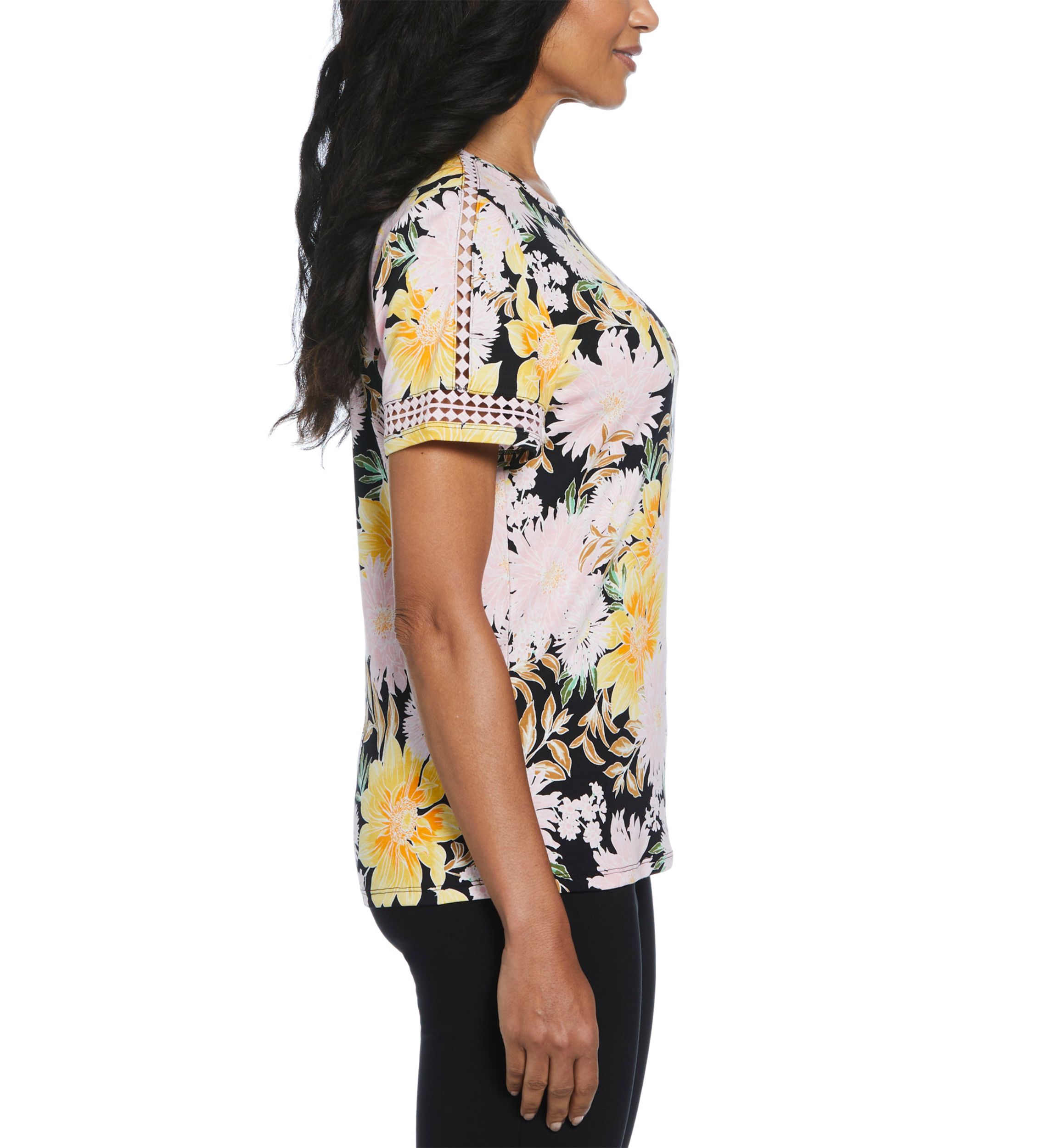 Petite Floral Print Dot Lace Trim Short Sleeve T-Shirt