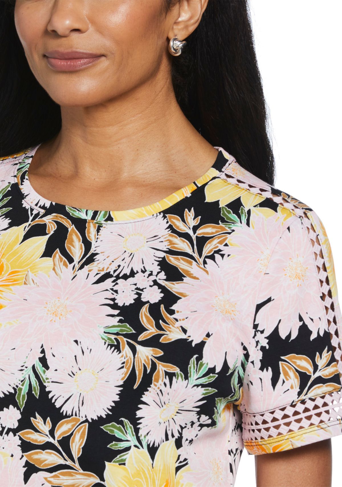 Petite Floral Print Dot Lace Trim Short Sleeve T-Shirt