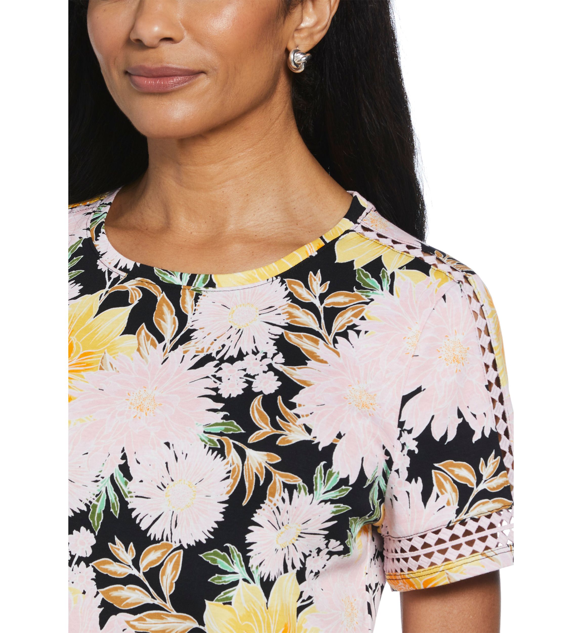 Petite Floral Print Dot Lace Trim Short Sleeve T-Shirt